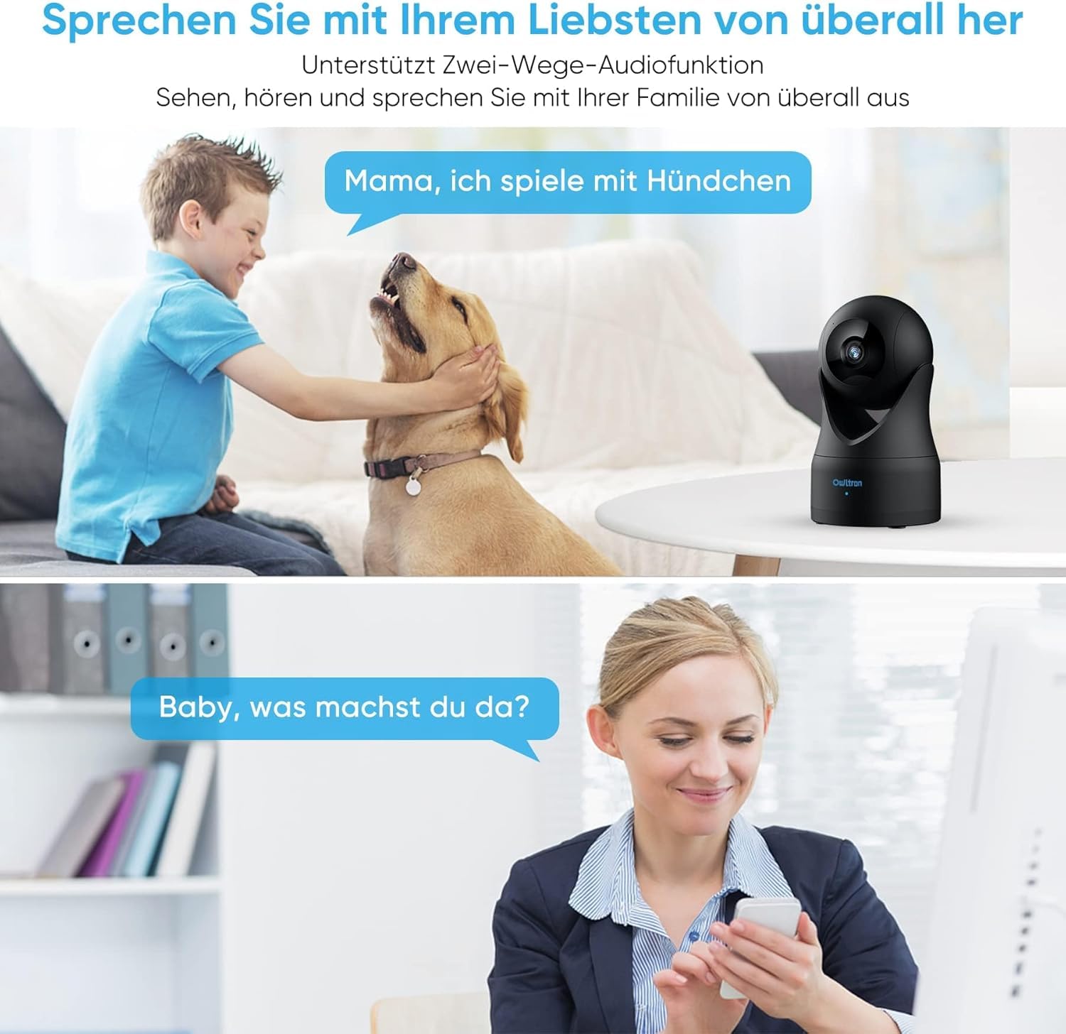 owltron Überwachungskamera innen, Babyphone mit Kamera und app, 360°WLAN IP Kamera mit Bewegungserkennung, 2-Wege Audio, Hundekamera/Haustierkamera/Babyphone Kamer mit Nachtsich