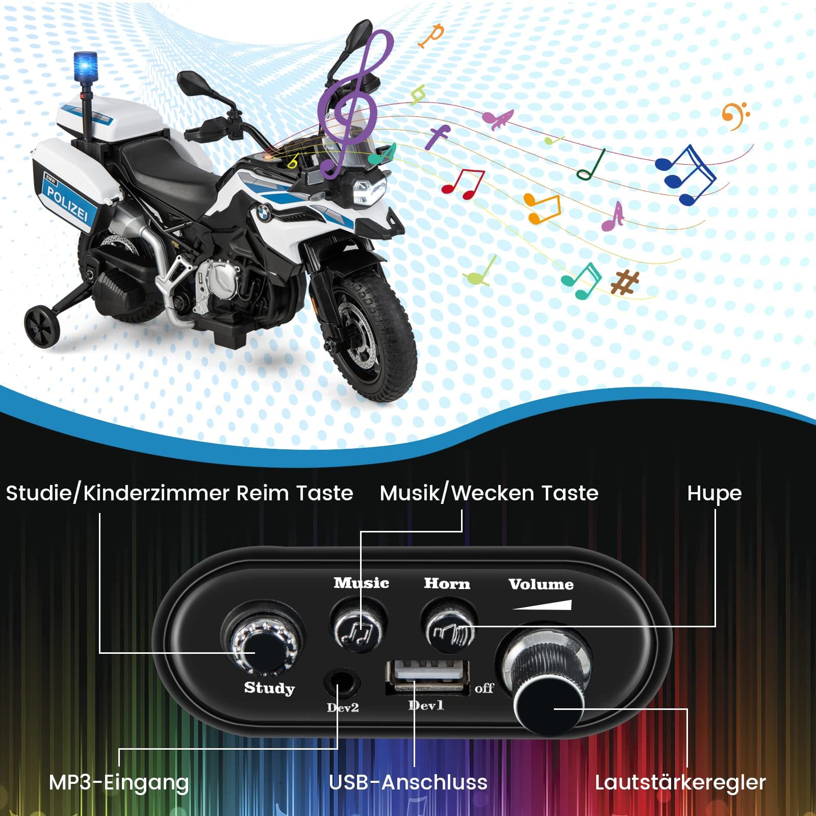 FANTASK 12V BMW Kinder Elektromotorrad Polizei mit Musik und Polizeilicht, Kindermotorrad mit 2 Stützrädern, 3-6 km/h, geeignet für Kinder ab 3 Jahre alt,110L x 63B x 82,5H cm