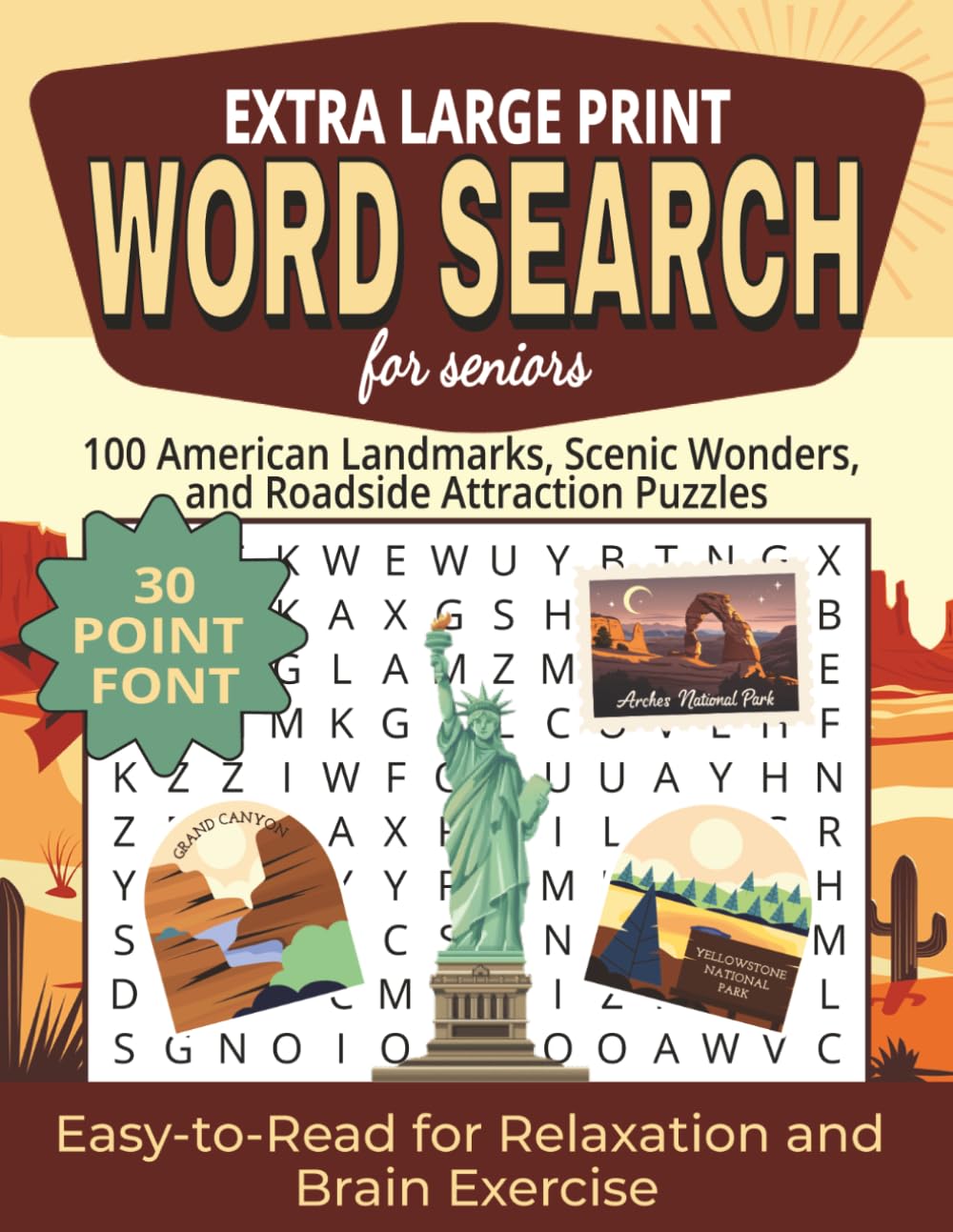 Extra Large Print Word Search for Seniors: 100 American Landmarks, Scenic Wonders, and Roadside Attraction Puzzles with Big Letters for Easy Reading, Relaxation, and Gentle Brain Exercise
