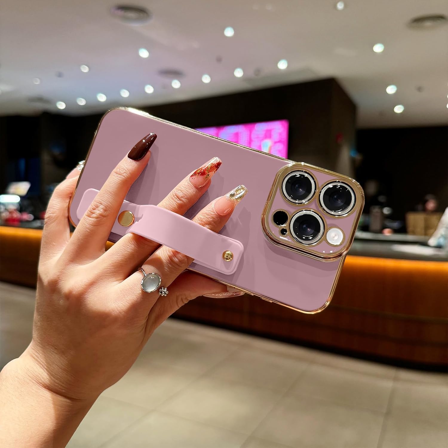 Lafunda for iPhone 16 Pro Case Cute, Luxury Gold Plated for Women Girls Elegant TPU Bumper Cover with Wrist Strap Kickstand Camera Protection Shockproof Silicone Phone Case for iPhone 16 Pro, Purple - Image 2