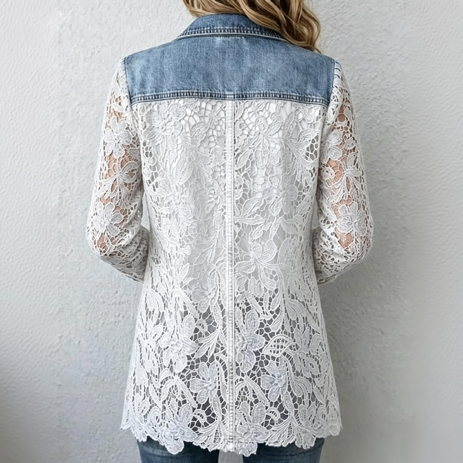 Generisch Jeansjacke Damen Mit Spitze Denim Jacket Patchwork Jeans Jacke