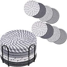 Drink Coasters 8 Pack with Holder, 4-Color Cotton Woven Absorbent Coasters Set, Minimalist 4.3in Cup Mat for Home Decor, Dining Table, Living Room, Tabletop-Protection for Coffee Beverage-Grey