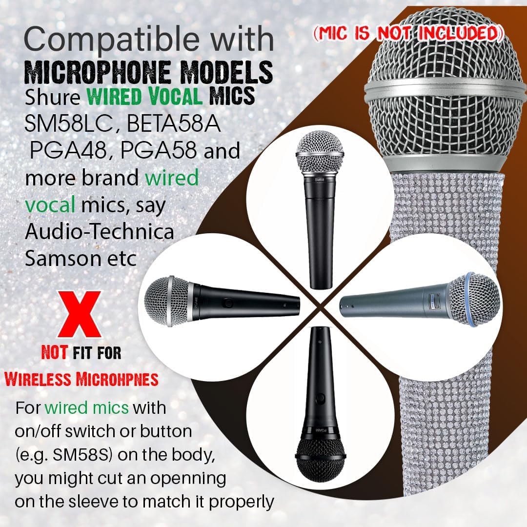 B58 Silver Mic Handle Sleeve Replacement Fit for Most Wired Vocal Microphones and SM58LC, Beta 58A, Rhinestones Cover Shining on Tours & TV Shows (MIC NOT Included) image 3