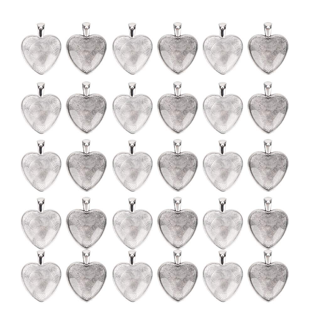 YUYTE Heart Shaped Pendant Trays, 60pcs - Silver Alloy & Glass Cabochon Bases & Patches - Jewelry Making Kit