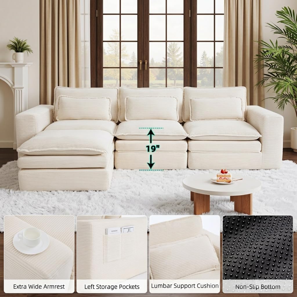 109" Sectional Couch Boneless Modular Sofa for Living Room with Ottoman | No Assembly Required Sofa Bed L shaped Couch | Corduroy Deep Seat Couch with Double Layer Cushion & Removable Cover | Beige