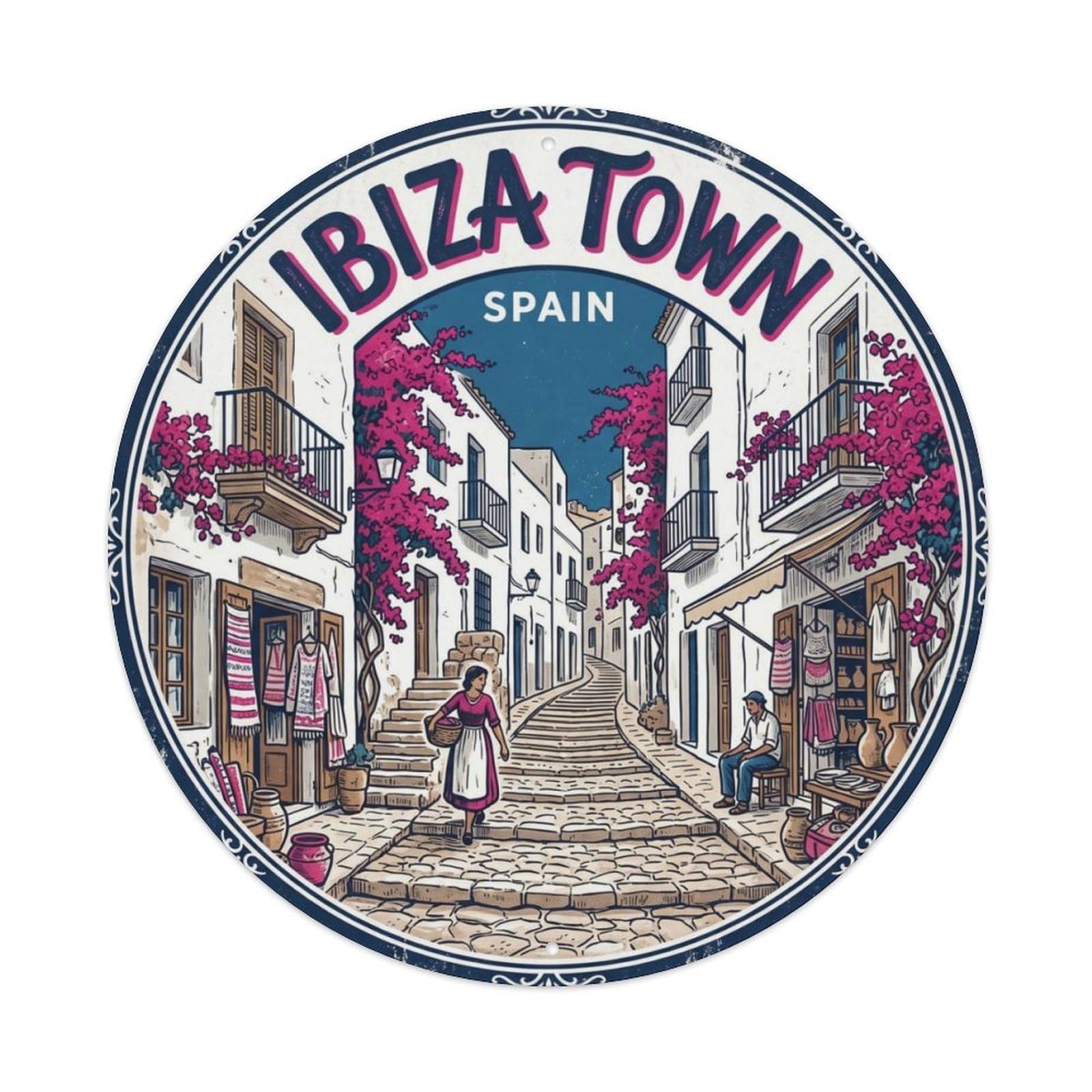 Vintage Travel Ibiza Town Historic Metal Tin Sign Plaque Wall Decor for Cafe, Club Bar, Office, Home Garden Round Metal Poster 8x8Inch