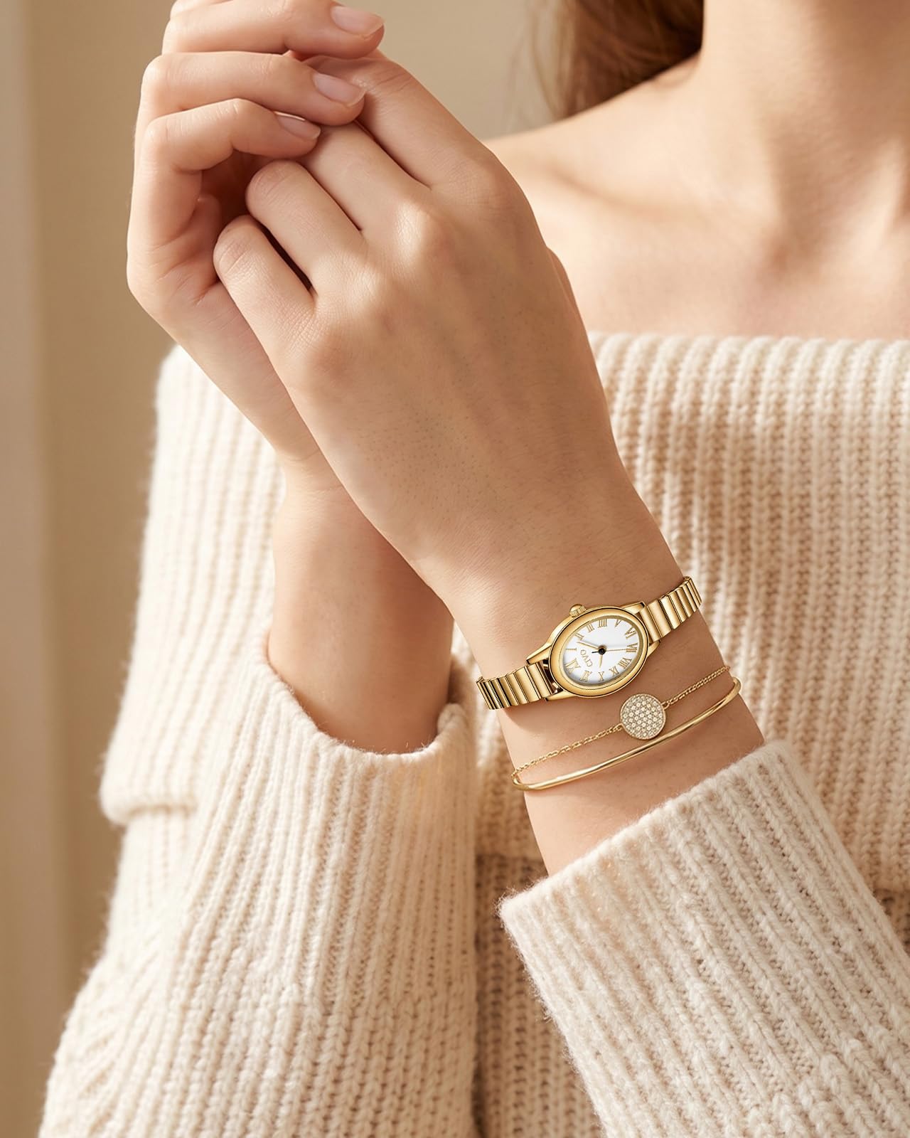 CIVO Vintage Armbanduhr Damen Kleine: Oval Gehäuse Römisches Zifferblatt Analoge mit Elastisches Armband - Zarte Gold Silber Damenuhr Geschenke zum Jahrestag Valentinstag 2 Größen (M/L)