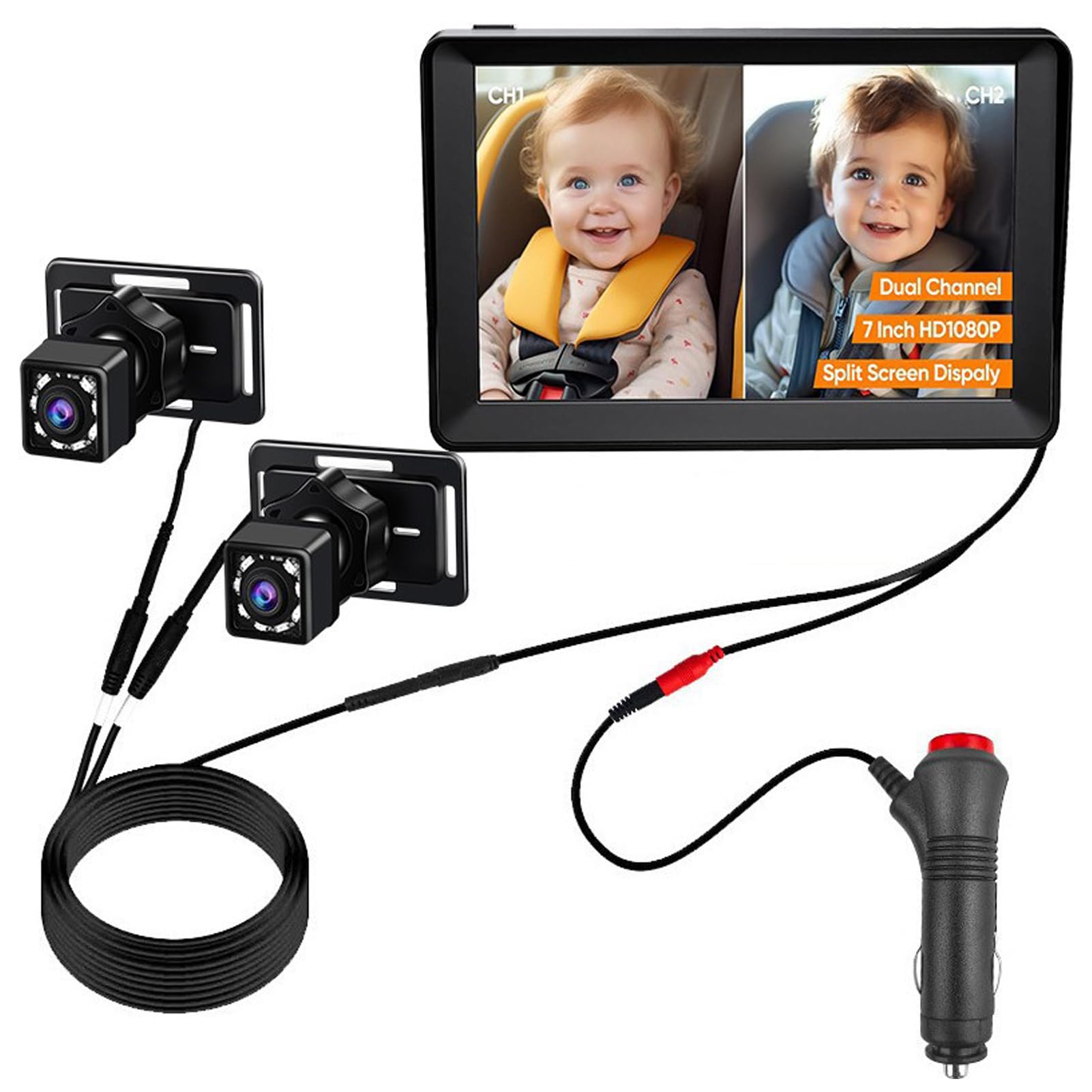 PolyGen Monitor per Auto per Bambini con Fotocamera, Doppia Fotocamera 1080P e Schermo IPS da 7 Pollici con Visione Notturna IR Aggiornata, Telecamera per Seggiolino Auto per