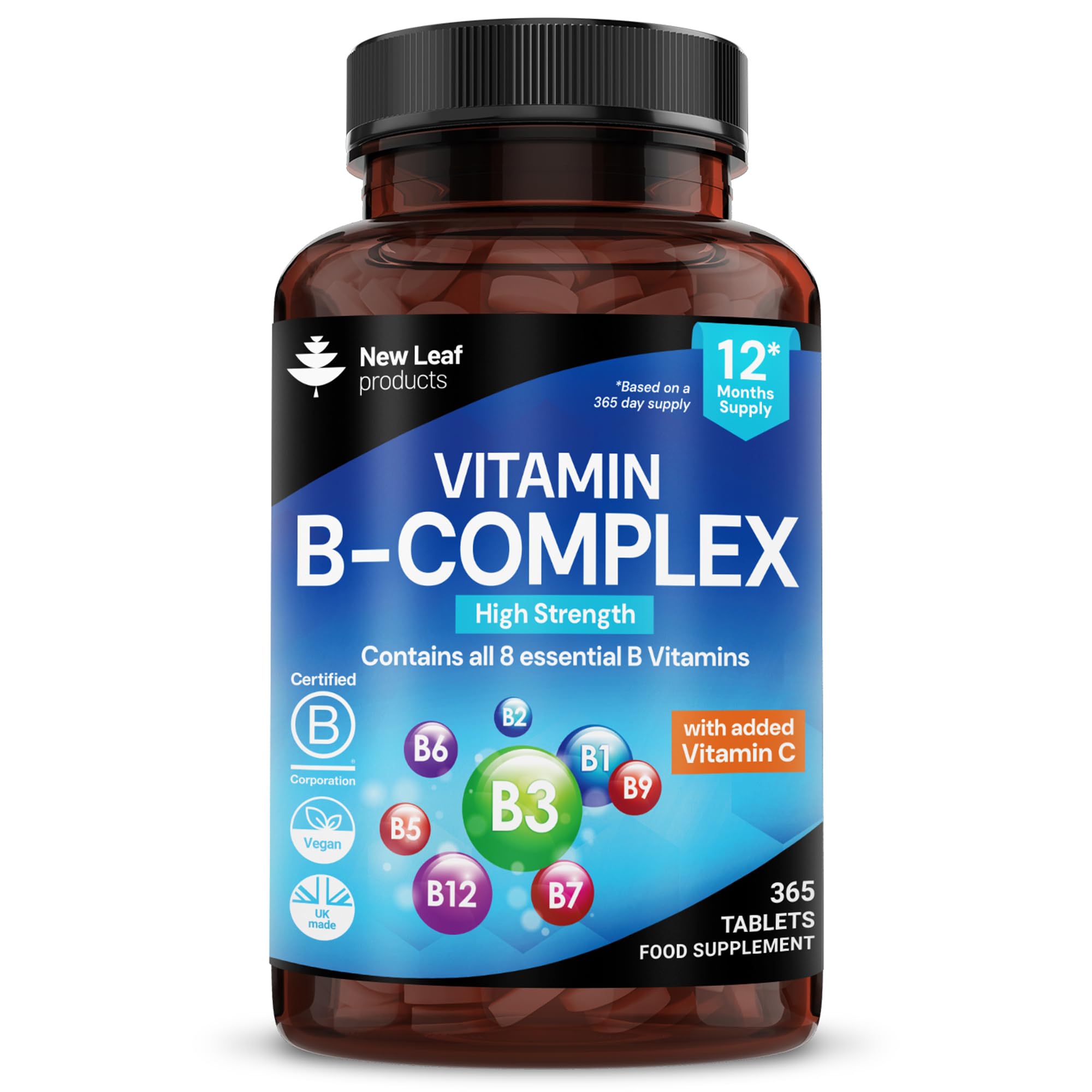 Vitamin B Complex - 365 Small Tablets - All 8 B Vitamins B1-B2-B3-B5-B6-B12, (1 Year Supply) High Strength Biotin, Folic Acid and Vitamin C - Reduction of Tiredness, Energy & Immune Support - UK Made