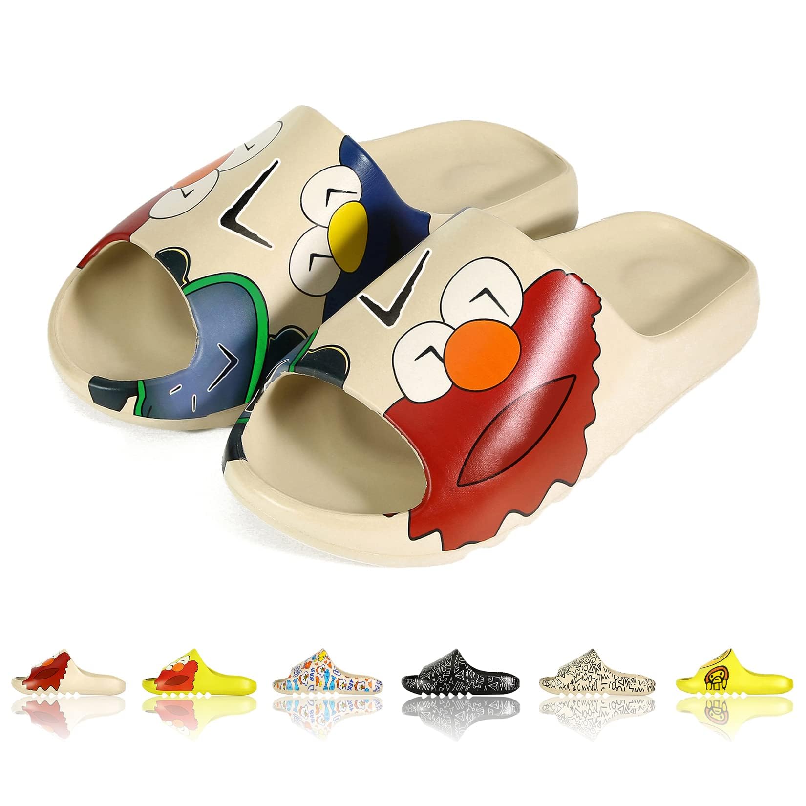 Tptoes Men Women Cloud Cushion Slides EVA Pillow Slippers Cute Cartoon Print Non-Slip Shower Sandals Open Toe for Bathroom House Spa Gym Home Soft Comfy Shoes