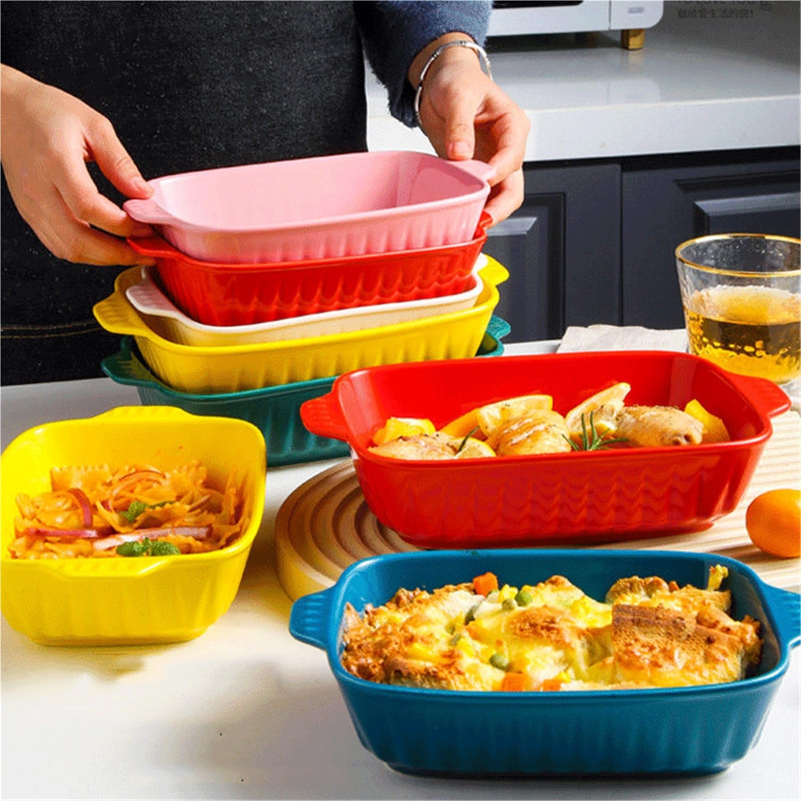 bandeja para hornear Diseño estilo horno rectangular con mango de oreja diamante(Yellow,Medio)