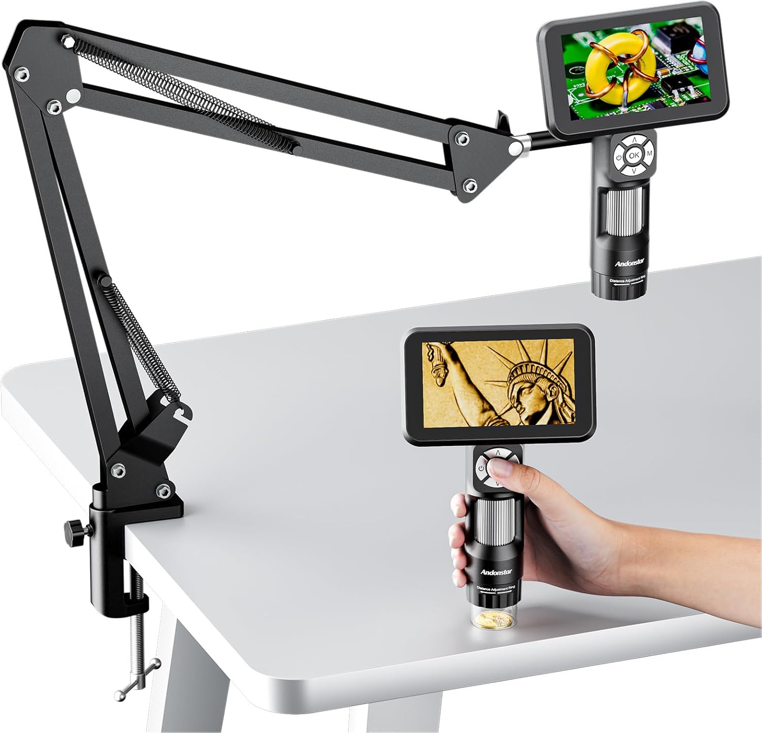 Andonstar AD115 Handheld Digital Microscope with 5" Screen for Adults Kids, Portable Coin Microscope for Error Coins with Light, Flexible Boom Arm Stand for Electronics Soldering, Windows Mac
