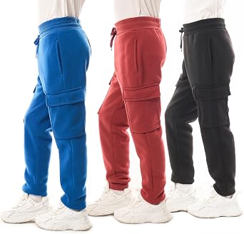 Boys 3-Pack Fleece Active Athletic Workout Jogger Pants with Cargo Pocket and Drawstring