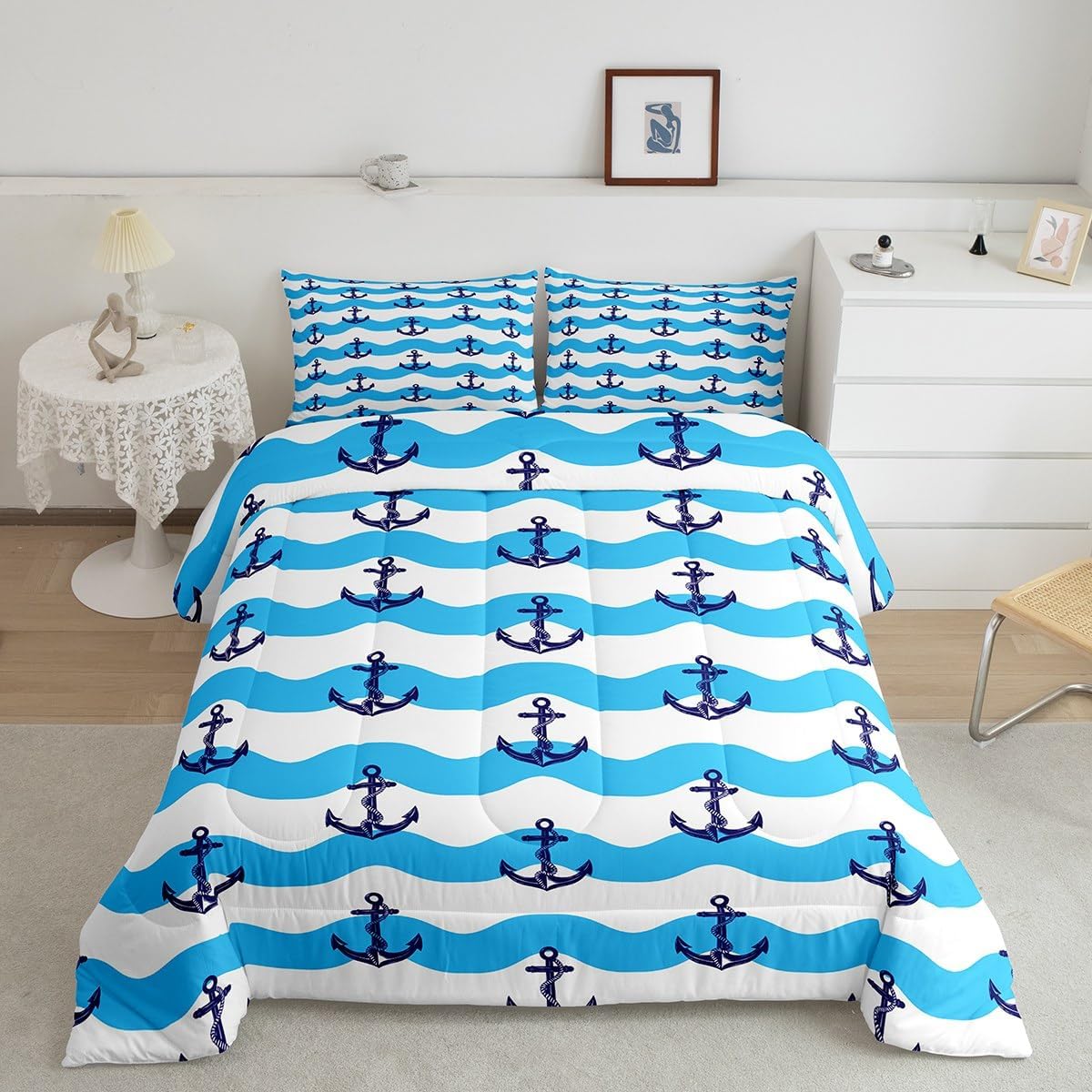 jejeloiu Anchor Comforter Set Twin Size Kids Blue White Stripe Bedding Set for Boys Girls Teens Ocean Nautical Duvet Breathable Coastal Geometric Quilt Bedroom Decor,1 Comforter with 1 Pillowcase