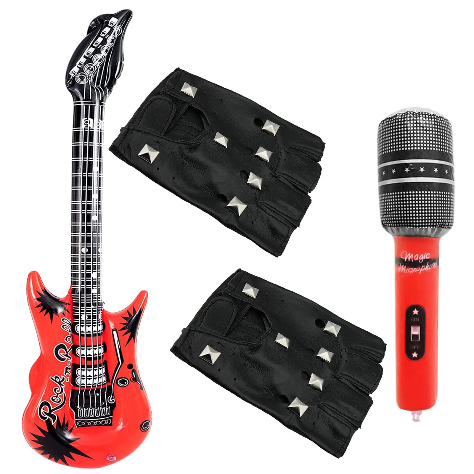 3Pcs Punk Rocker Party Kit, Large Red Inflatable Guitar Microphone Blow Up Guitar Punk Rocker Gloves Punk Rockstar Fancy Dress Kids Boys 70S 80S 90S Heavy Metal Disco Costume Accessories for Men Women