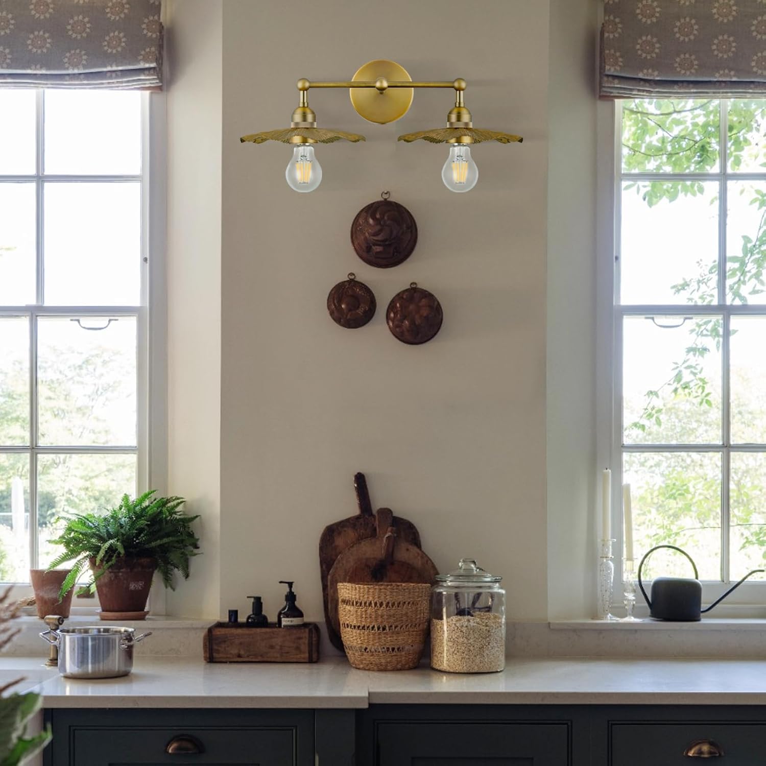 PASSICA DECOR Hardwired 2 Head Wall Sconce Indoor Wall Light Antique Brass 2-Lights with Flower Shade Wall Lighting Fixture for Bathroom Vanity Kitchen Sink Bedrroom Living Room Farmhouse…