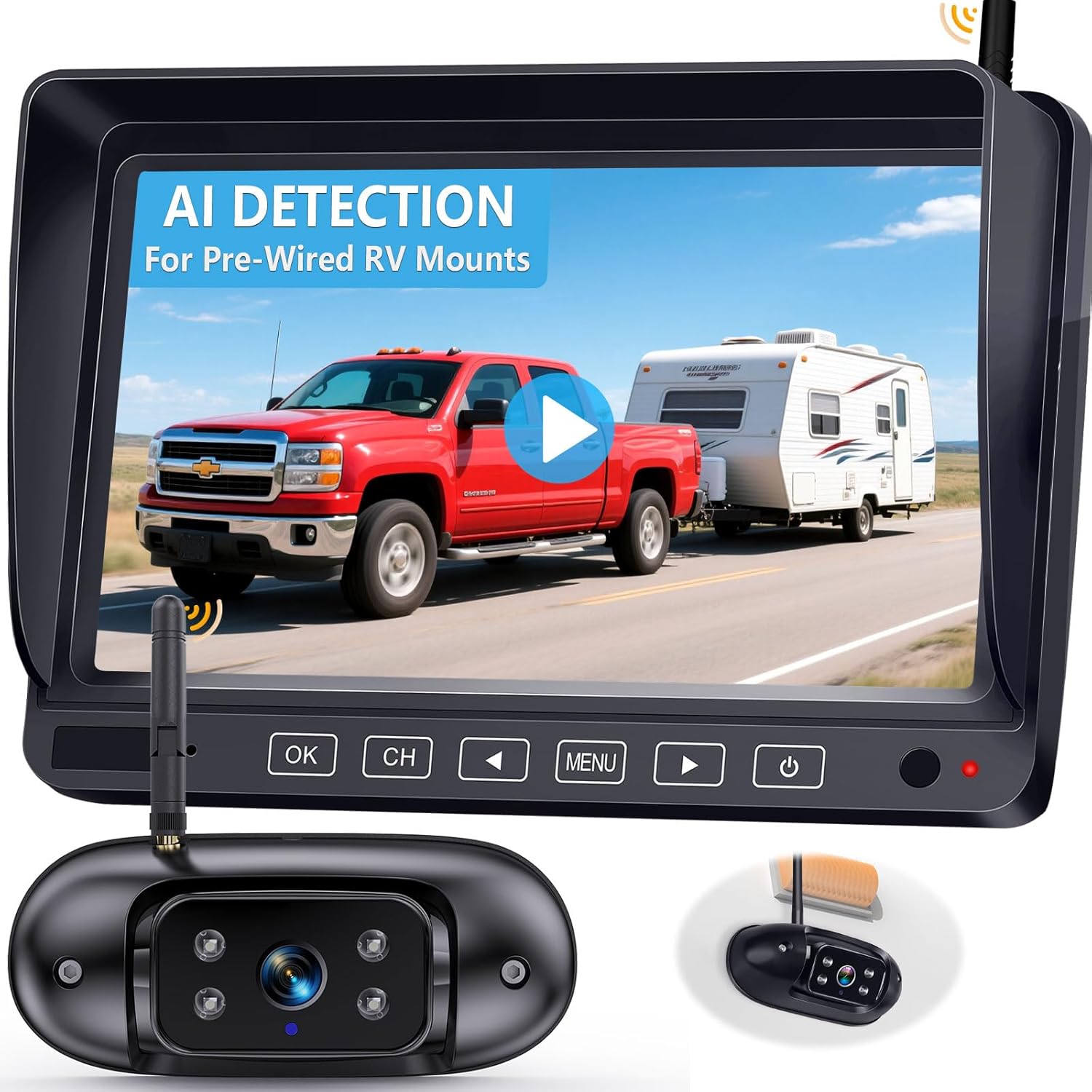 Wireless Backup Camera for Trailer - 7" 1080P RV Backup Camera with 4-Channel Split-Screen Monitor, AI Detection, Night Vision, Loud Beeps, Plug & Play, Compatible with Furrion Pre-Wired RVs