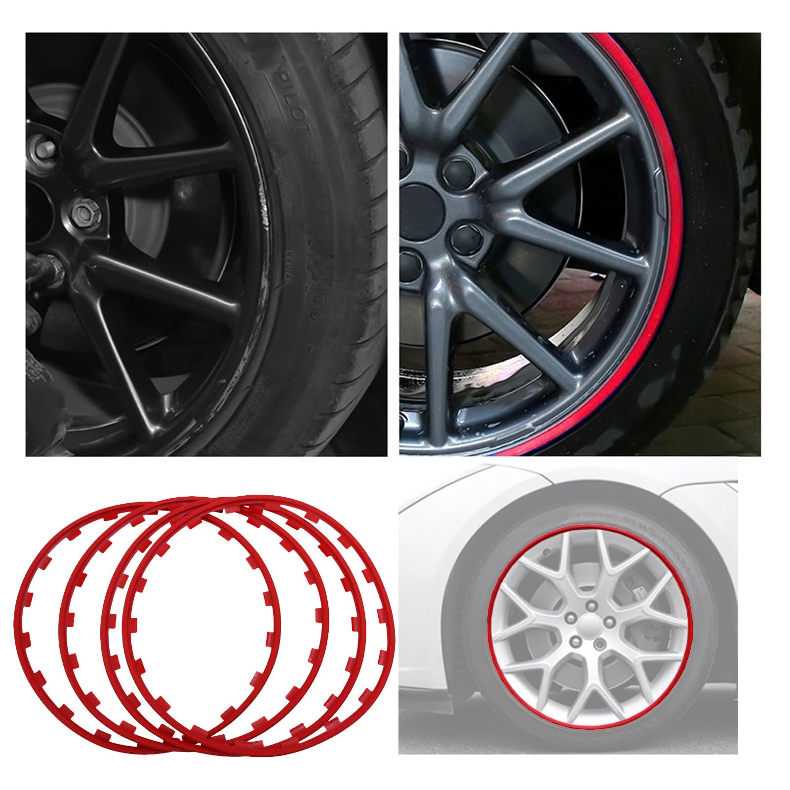 Jantes De Roue De Véhicule De Voiture (16-20 Pouces), Anneau De Protection en Quatre Pièces, Bande Décorative en Nylon Anti-Rayures, Protecteurs De Jantes pour Toutes Les Voitures,19Inch,Red