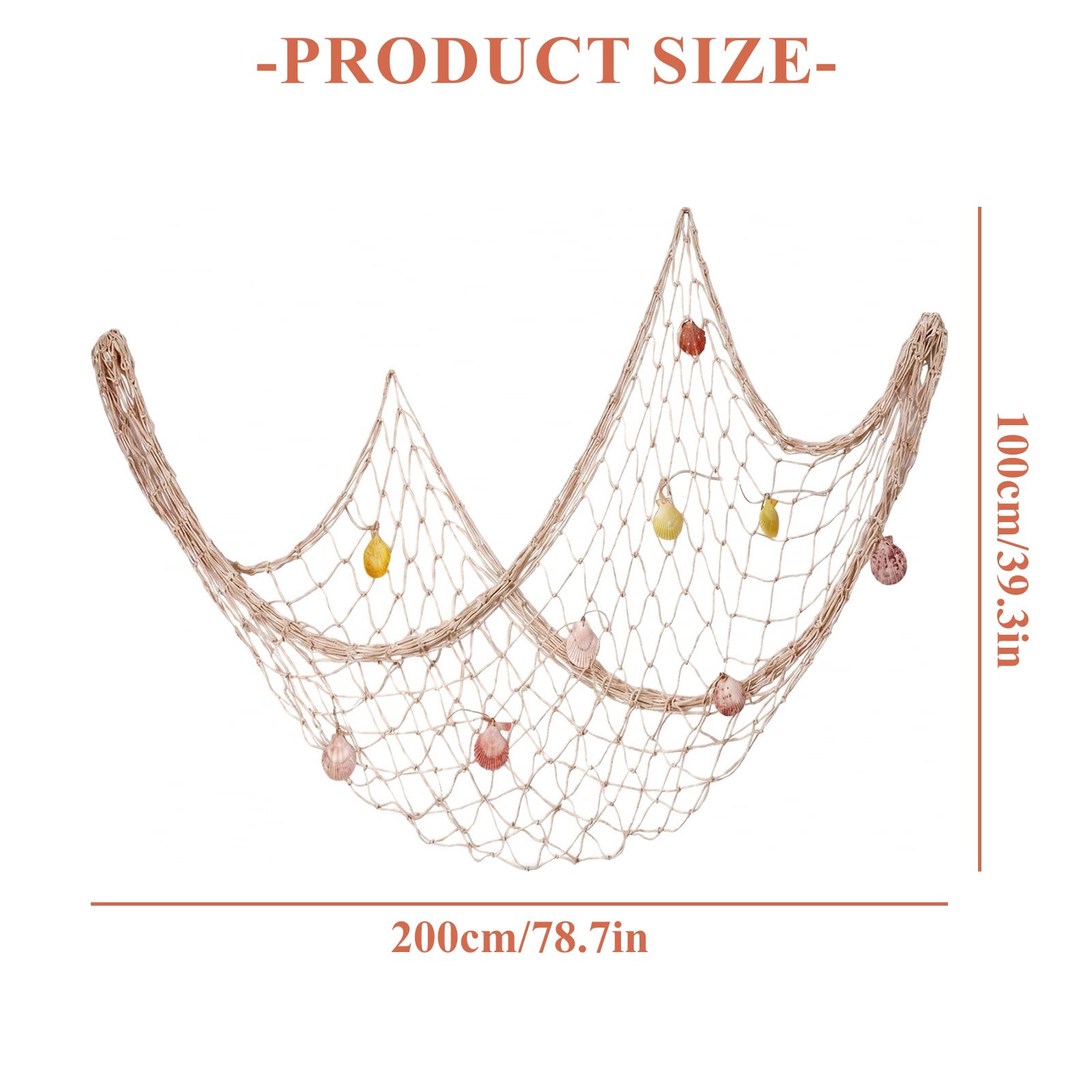 Fischernetz Deko 100x200cm Beige, mit Muscheln & Holz Schwimmer, Wandgitter Netz Baumwolle, Wanddeko zum Aufhängen für Wandteppich, Wohnzimmer, Fotowand, Badezimmer & Party