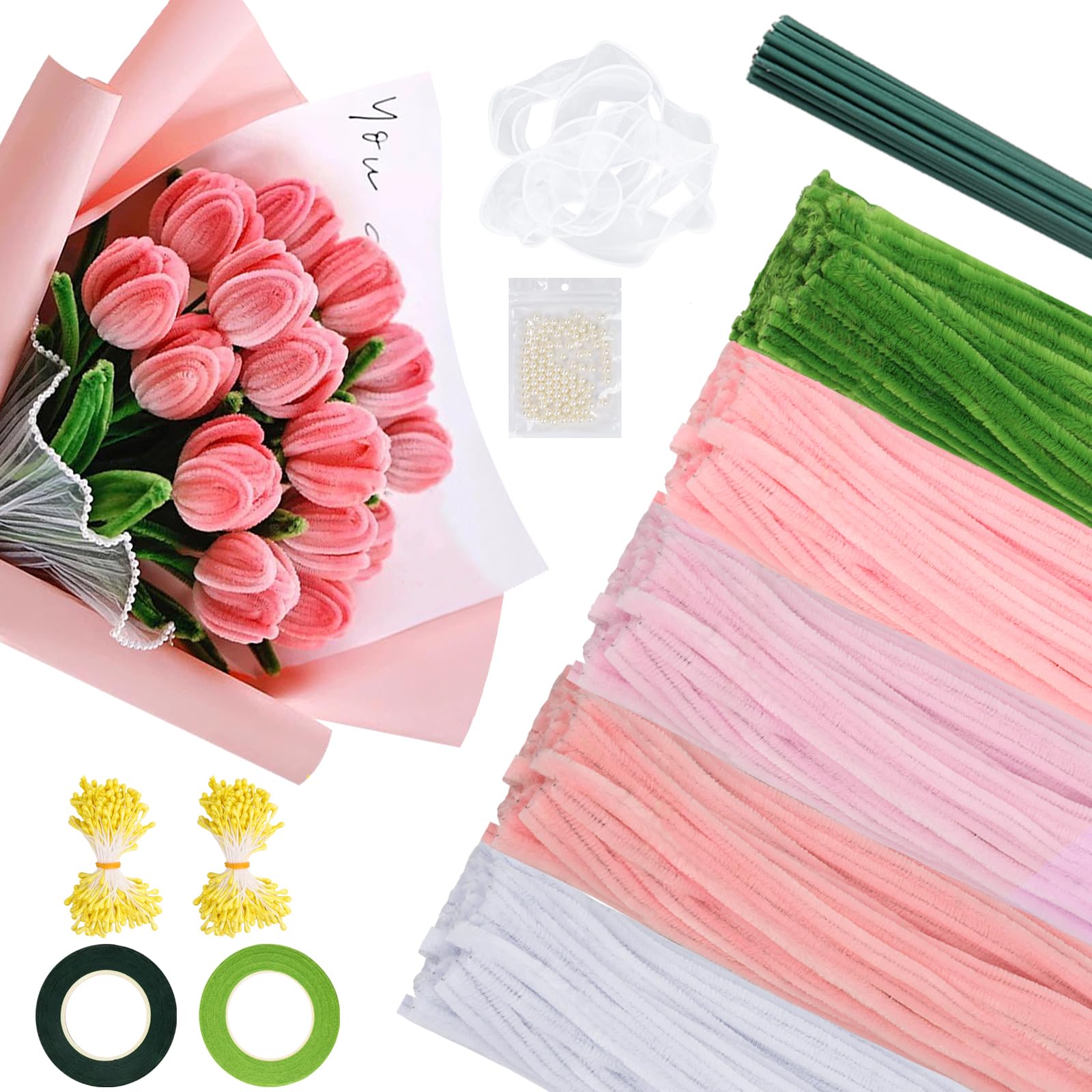 500pcs Pipe Cleaners for Craft Flowers, Soft Fuzzy Pipe Cleaners for Tulip Bouquet, 30cm Chenille Stems, with Flower Stamen, Florist Wire, Florist Tape, for DIY Bouquet Project Decoration