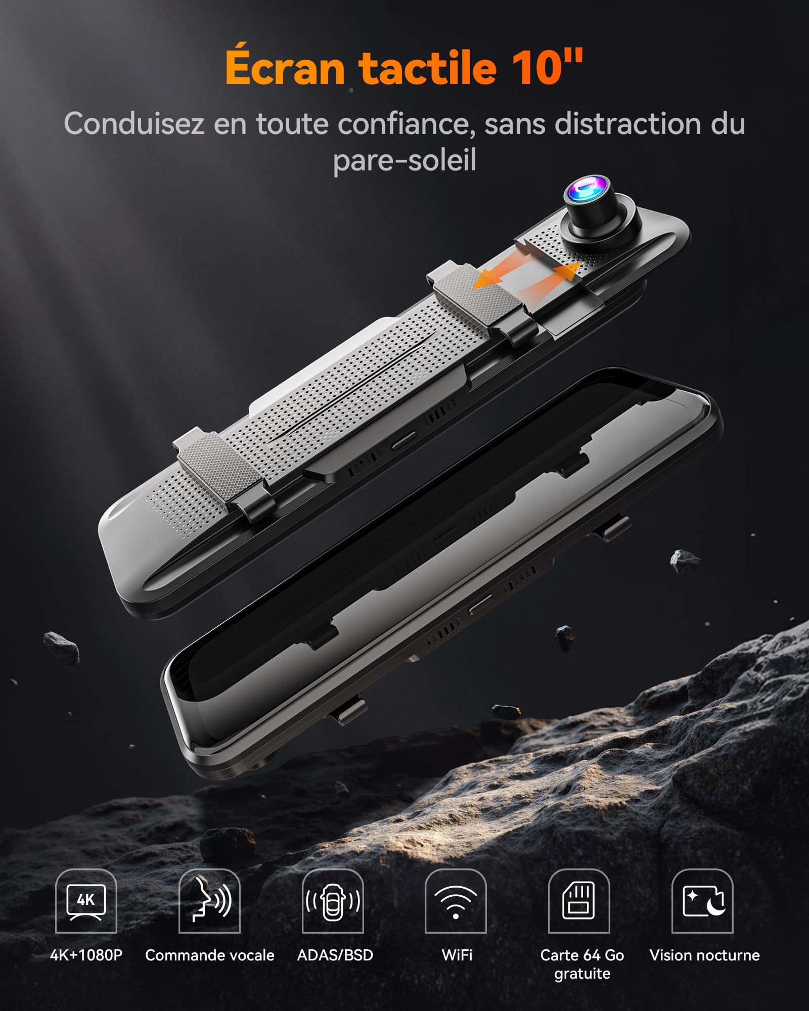 WOLFBOX M40 Rétroviseur de caméra arrière 10" 4K + 1080P pour caméra embarquée avant et arrière avec caméra ADAS/BSD, contrôle vocal, Wi-Fi intégré, carte 64 Go et GPS