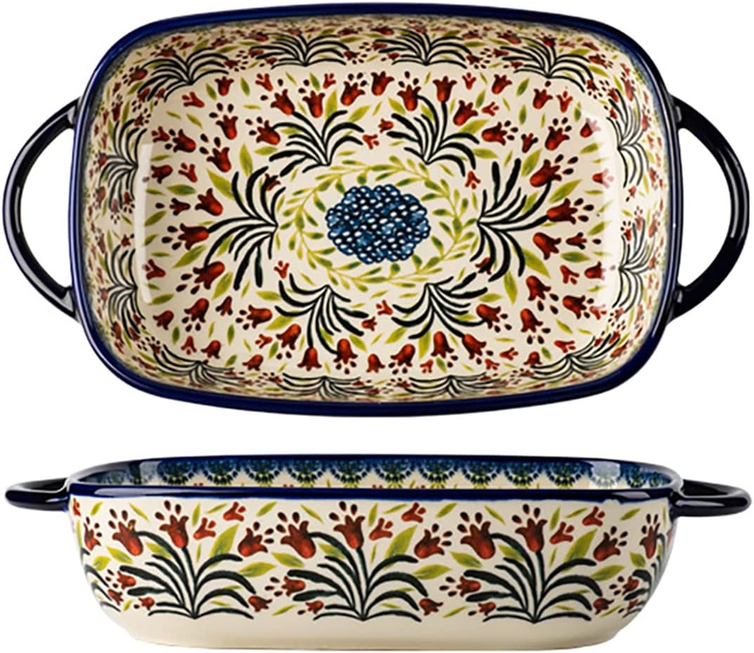 Vintage Style Tulip Flower Pattern Ceramic Bakeware Casserole Dish Baking Pan Lasagna Pans Baking Dish with Handles for Oven/Cooking/Kitchen-1 PCS-60 OZ