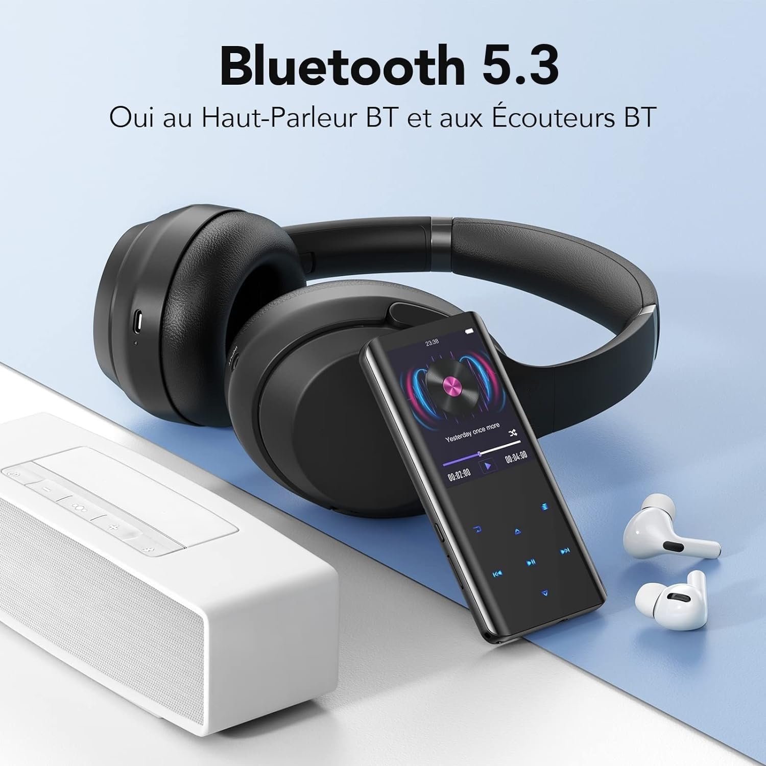 AGPTEK 32Go Haut-Parleur MP3 Bluetooth 5.3, 2.4 Pouces Grand Écran Lecteur Musical Sport HiFi Audio en Métal avec Bouton Tactiles de Volume/Podomètre/Radio FM, Carte TF Jusqu’à 128G-Noir
