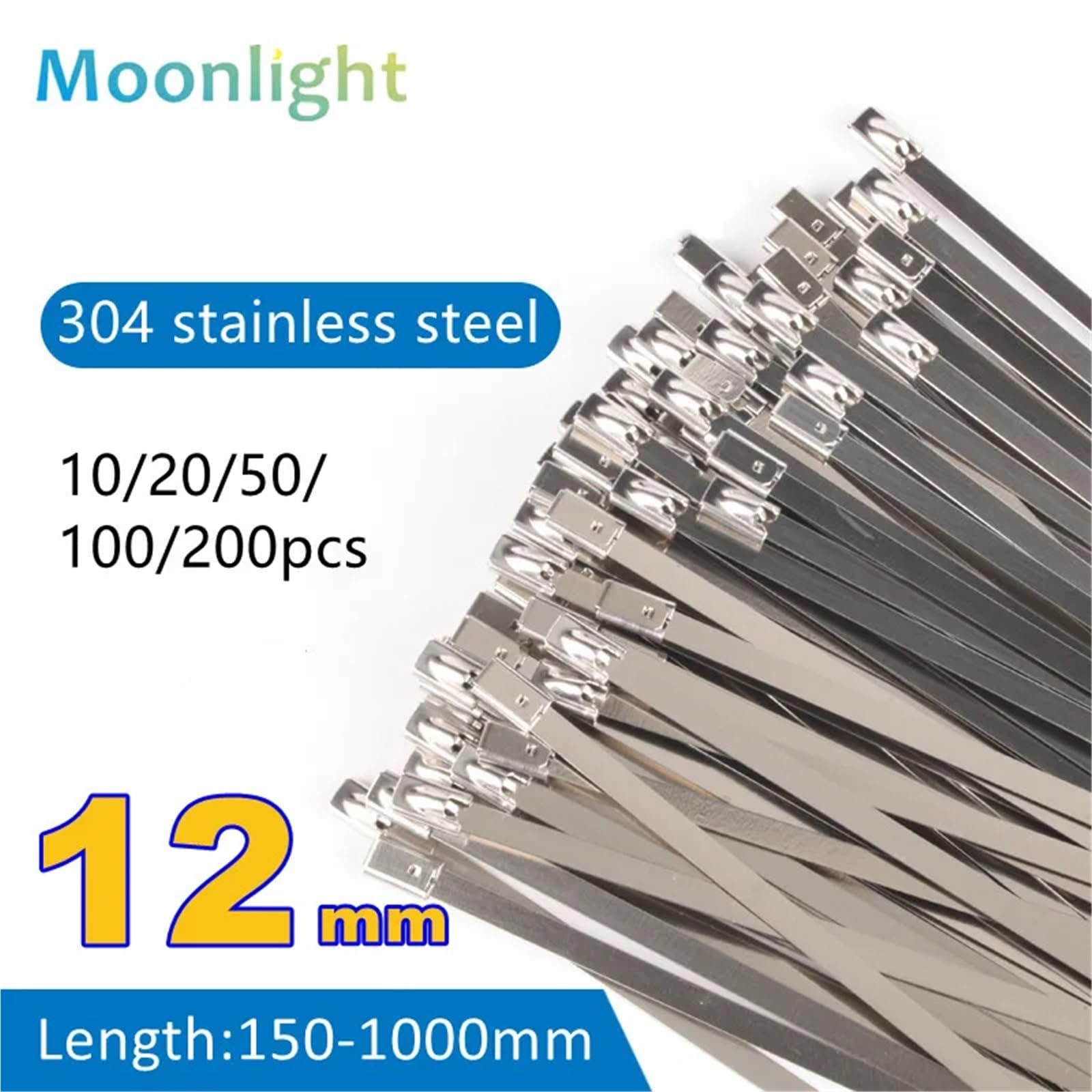 Metalowe opaski zaciskowe Opaski zaciskowe wykrywalne ze stali nierdzewnej 304, opakowanie 10-200 szt., 12 x 100-1000 mm(50pcs,12x1000mm)