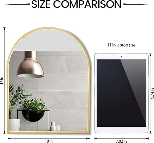 Miniatura 2 de Espejo arqueado pequeño dorado de 10 x 13 pulgadas para baño, espejo de tocador o decoración de pared, espejo de arco de metal cepillado, espejo