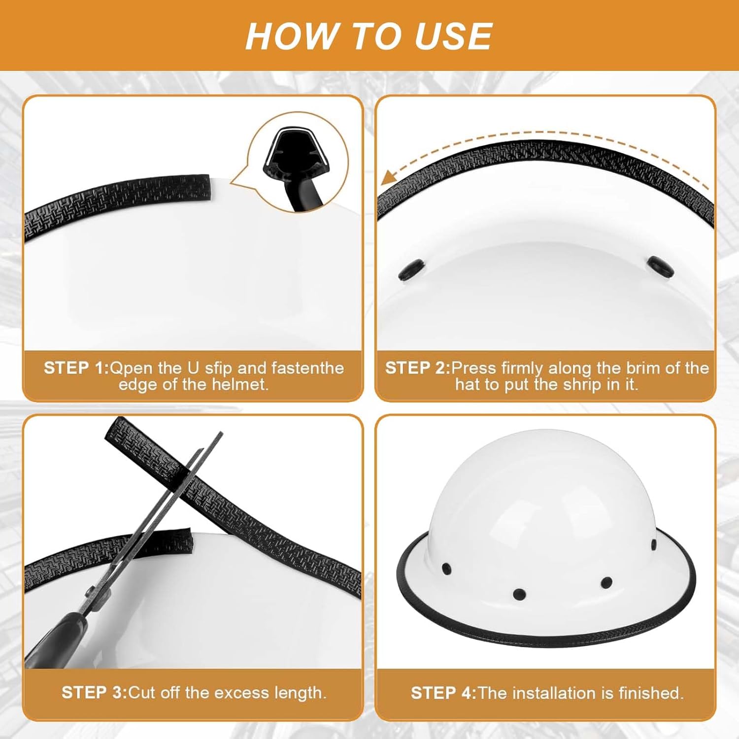 2-Pack Hard Hat Brim Guard - Two 36.6in Steel Core Impact-Resistant Edge Protectors, Full Brim Accessories, Clip-On for Carbon Fiber/Fiberglass Construction Helmets, Black Anti-Skid Strip
