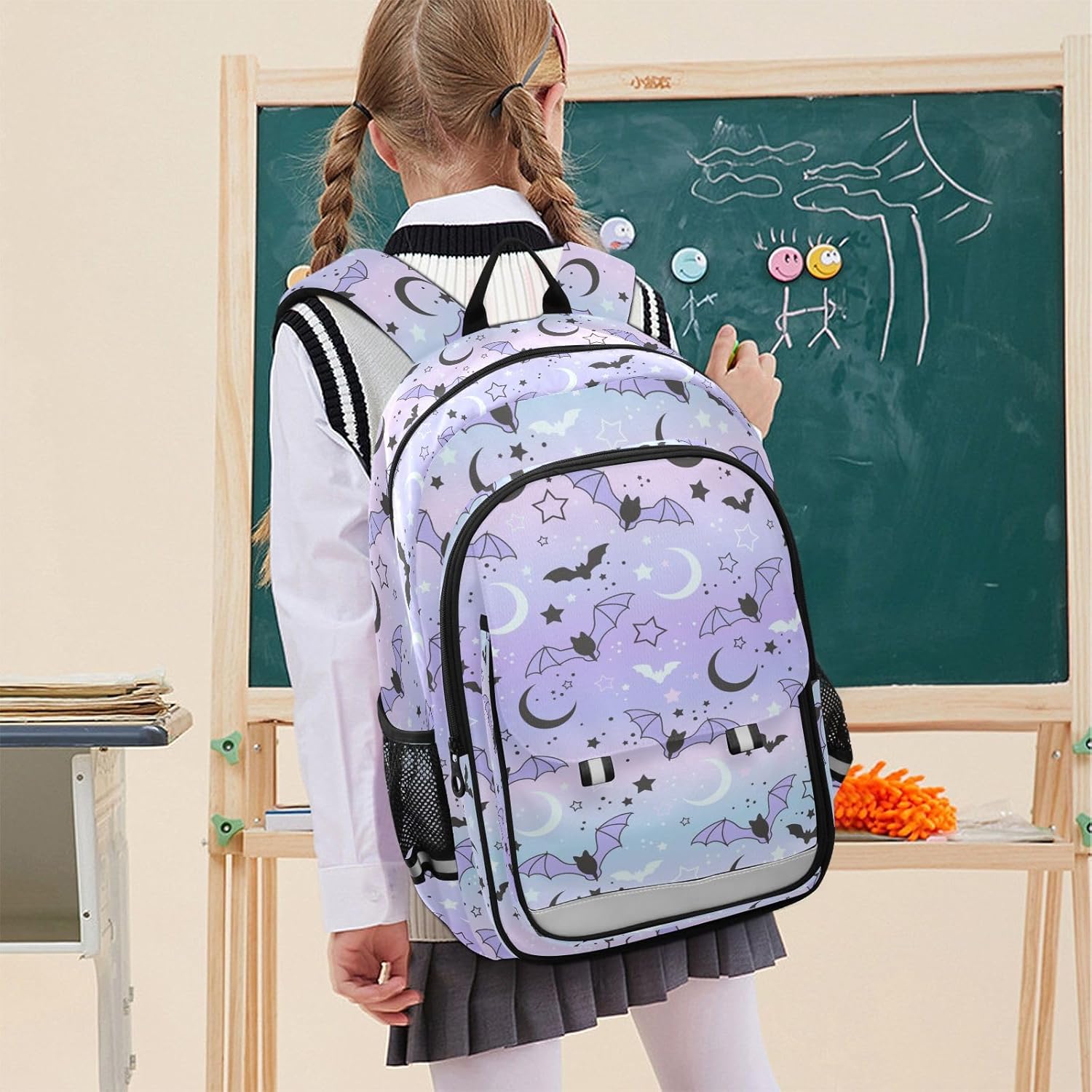 Purple Bat Moon Backpack for Girls-Boys Middle-School Elementary Bookbags Toddler School Bags Child Lightweight Preschool Large Bookbags