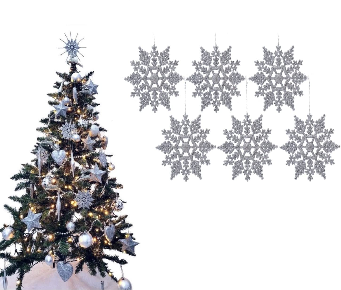 UKDeals Direct® SILVER COLLECTION CHRISTMAS DROPLET BAUBLES TREE DECORATIONS GLITTER MATT ICICLES (Pack of 6 Snowflake)