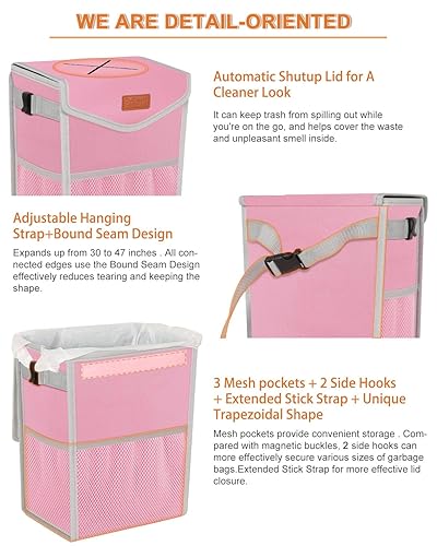 Vista 47 de Bote de basura para automóvil con tapa, bonito cubo de basura a prueba de fugas para colgar el vehículo, pequeño organizador portátil para asientos