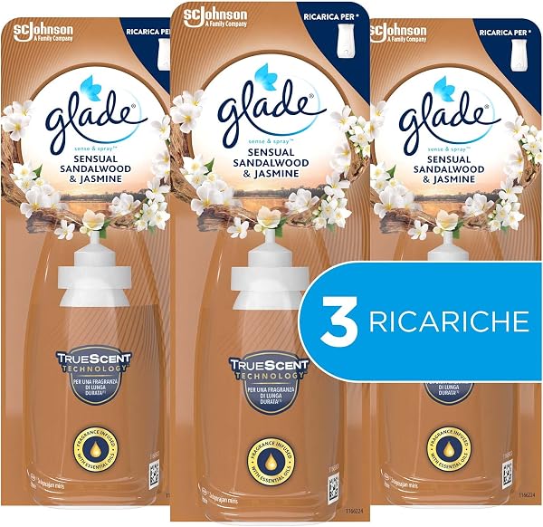 Glade Sense & Spray Profumatore per Ambienti con Oli Essenziali e Sensore di Movimento, Fragranza Gelsomino e Sandalo di Bali, 3 Ricariche - 1