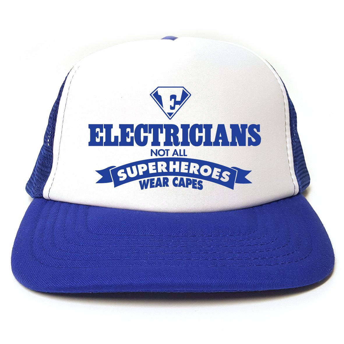 Rocket Fuel Clothing Royal Rocket Fuel 'Electricians - Not All Superheroes Wear Capes' Funny Printed Trucker Cap - Blue