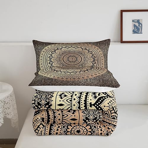 Miniatura 5 de Castle Fairy Juego de edredón bohemio de mandala para niños, niñas, niños y adolescentes, edredón bohemio de 3 piezas, color marrón y negro, tamaño
