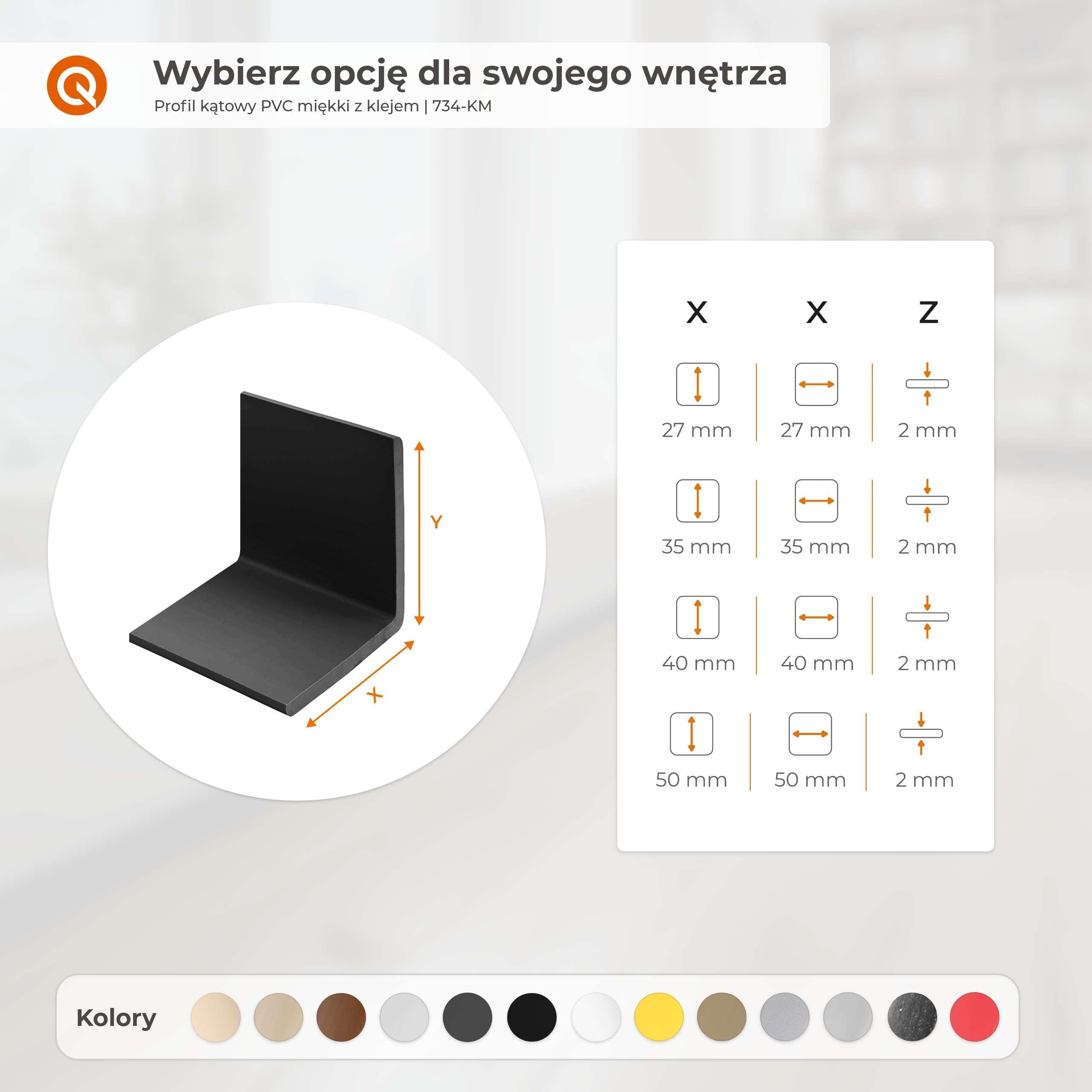 QUEST Kątownik miękki PVC 35x35 mm samoprzylepny, ochronny profil L kątowy, narożnik odbojnikowy z klejem, ciemnoszary, 90 cm