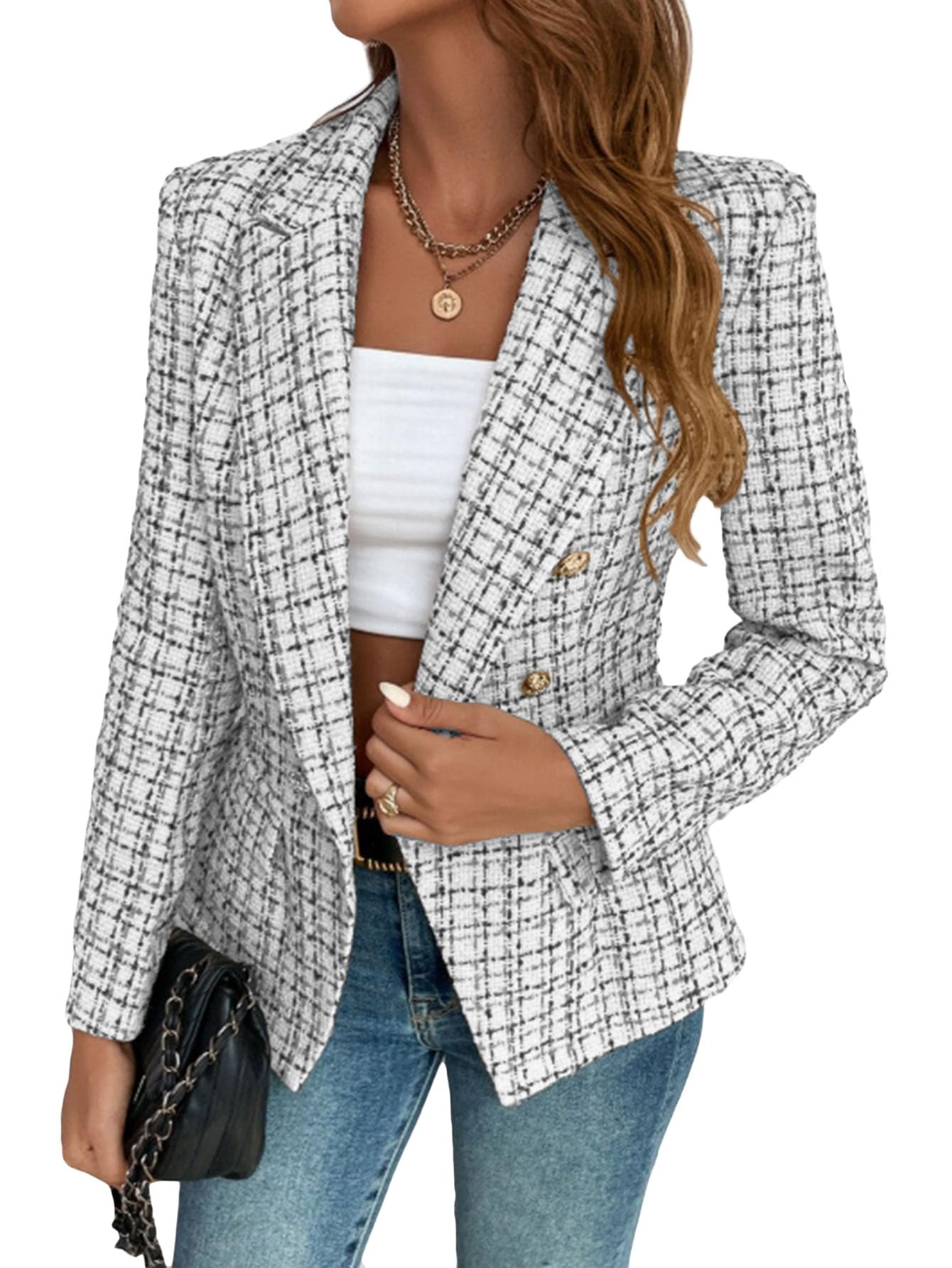 2026 Women’s Tweed Plaid Blazer Jacket - Double Breasted Fully Lined Work Casual Outfits with Pockets-image-31