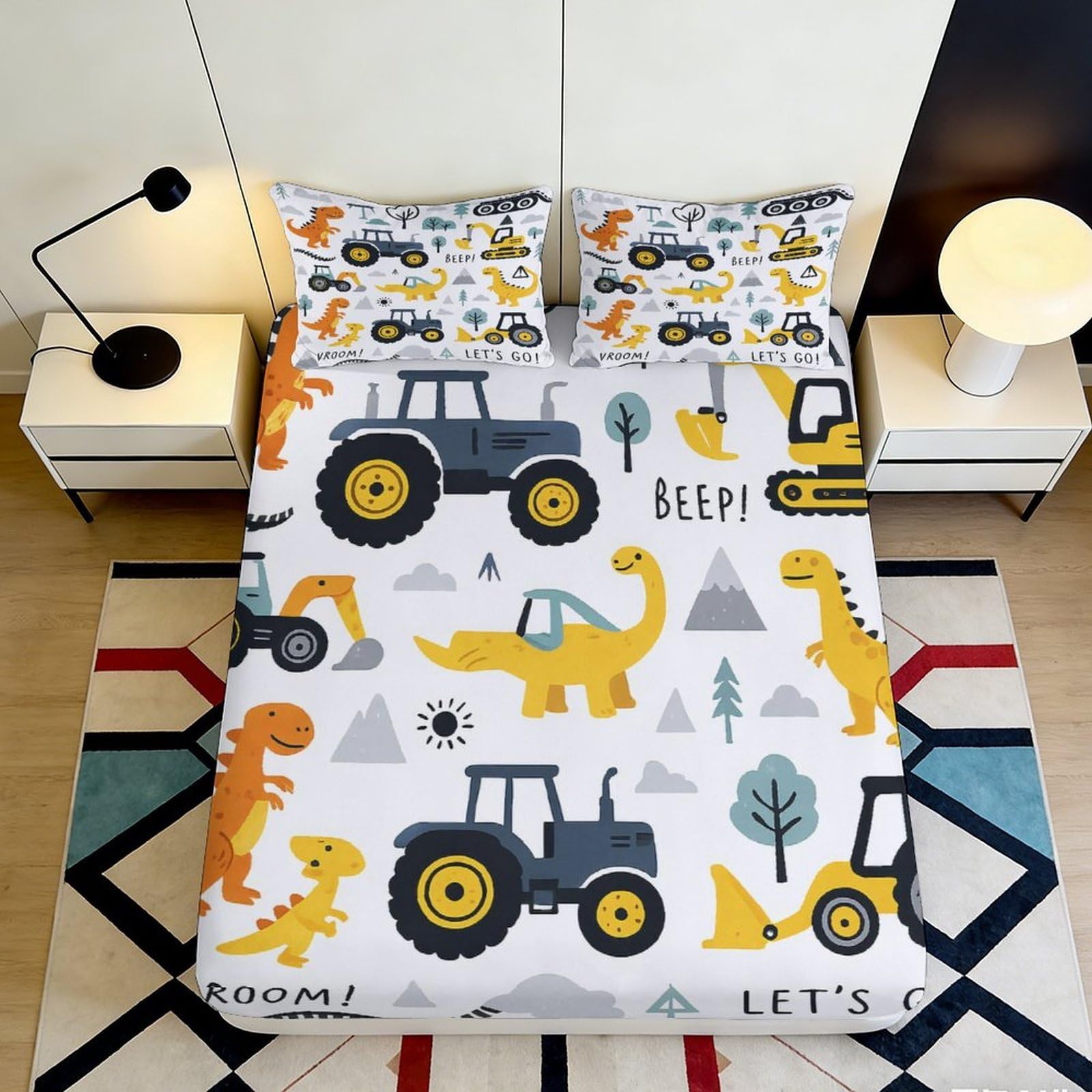 3D Printed Dinosaur Tractor Fitted Sheet Microfiber Soft Breathable Excavator Bed Cover for Bedroom Dorm Decor 90x200x25cm