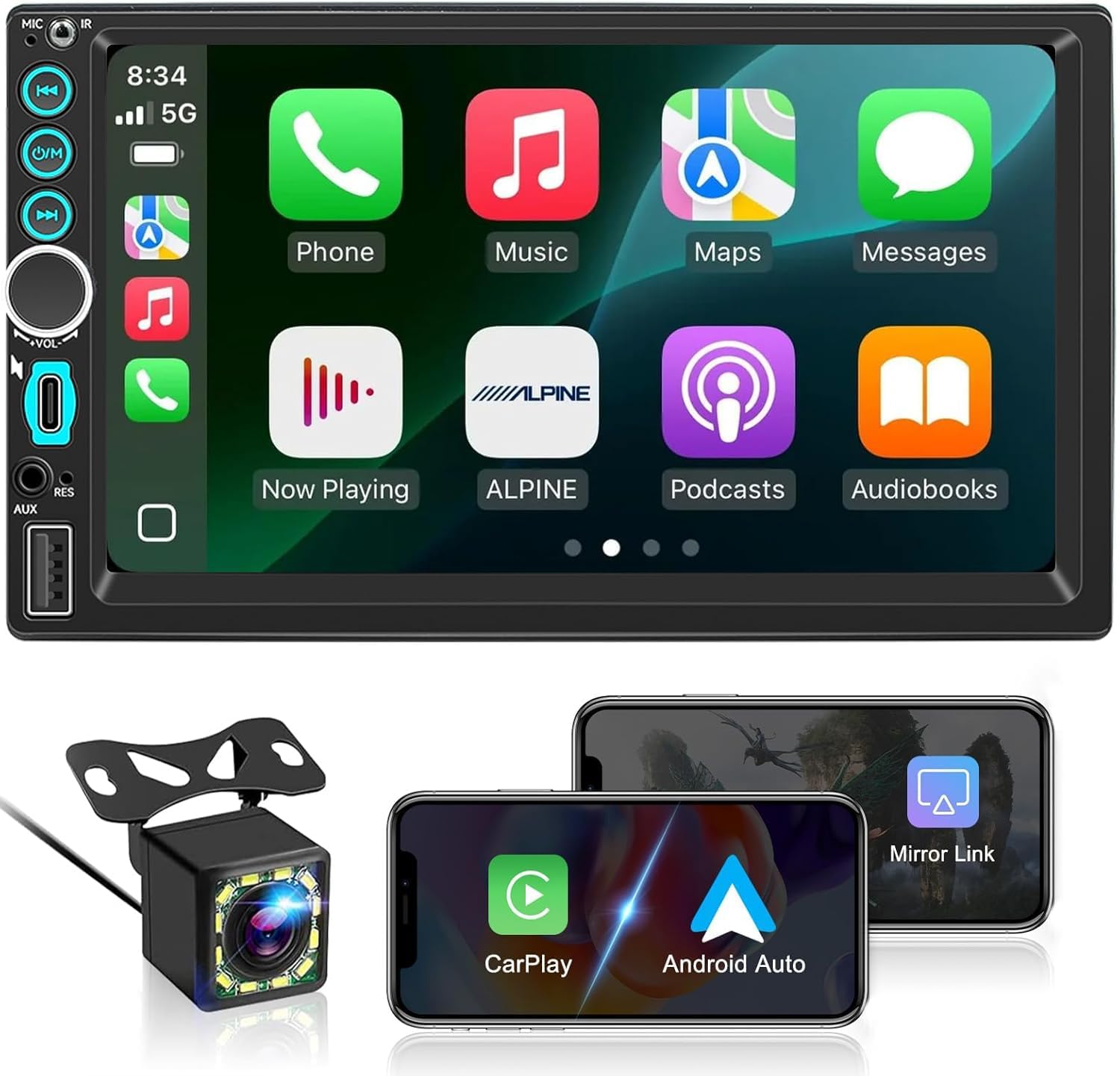 Autoradio 2 DIN Bluetooth avec CarPlay & Android Auto sans Fil, Double Din 7 Pouces HD Écran Tactile, FM Radio, Miroir Link, Caméra de Recul, EQ, Type-C, USB, SWC, Navigation GPS, Contrôle Vocal