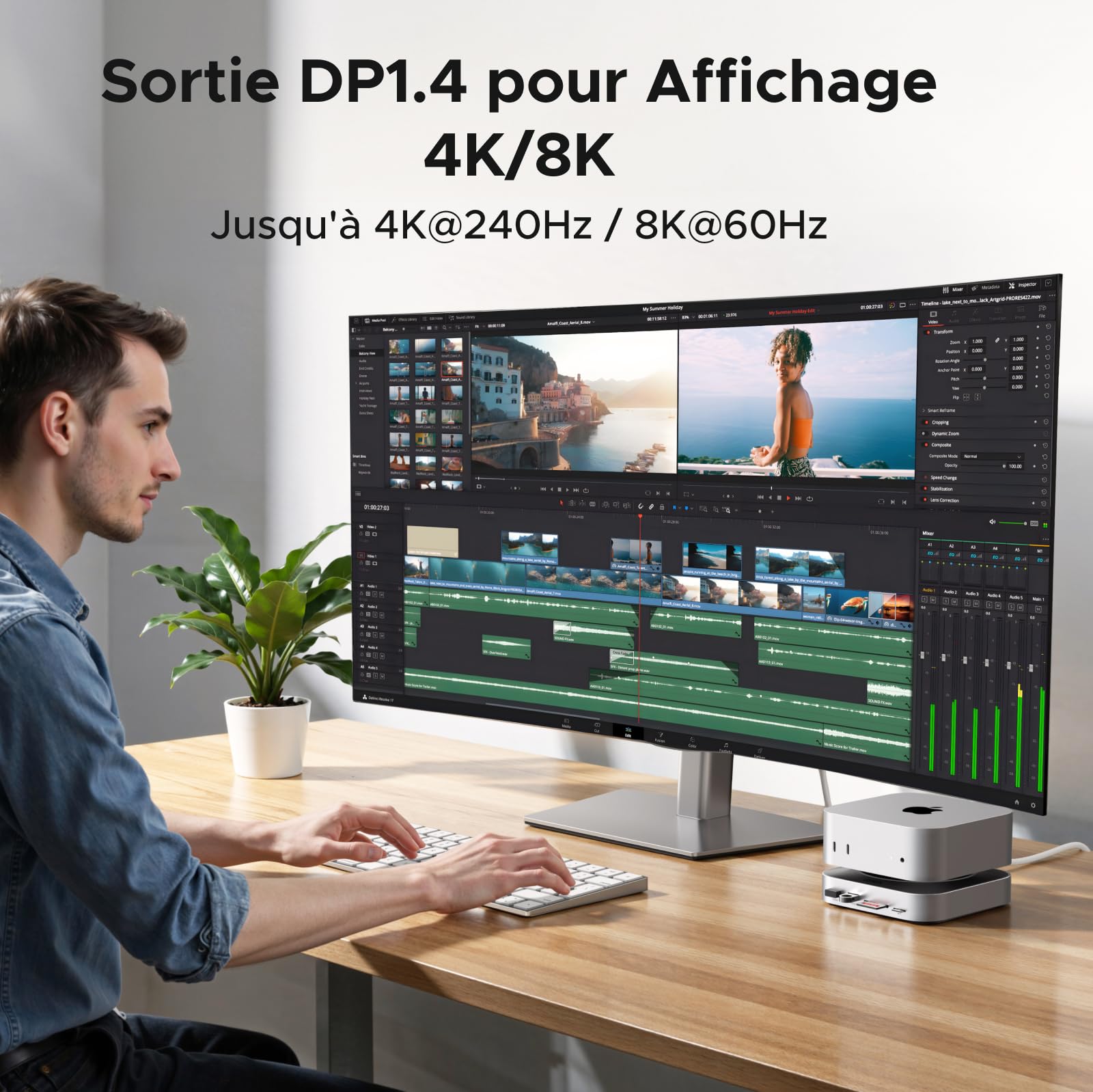 UGREEN Station d'accueil et Support pour Mac Mini M4 et M4 Pro Docking Station Hub USB C avec Boîtier M.2 NVME SSD DisplayPort 4K 240Hz 144Hz 5 USB 3.2 4A1C 10Gbps Fente SD TF 3.5mm Aux