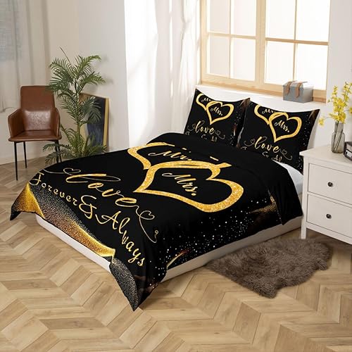 Miniatura 4 de Juego de ropa de cama para parejas, funda de edredón de lentejuelas doradas con purpurina dorada, funda de edredón con estampado de corazón y lazos