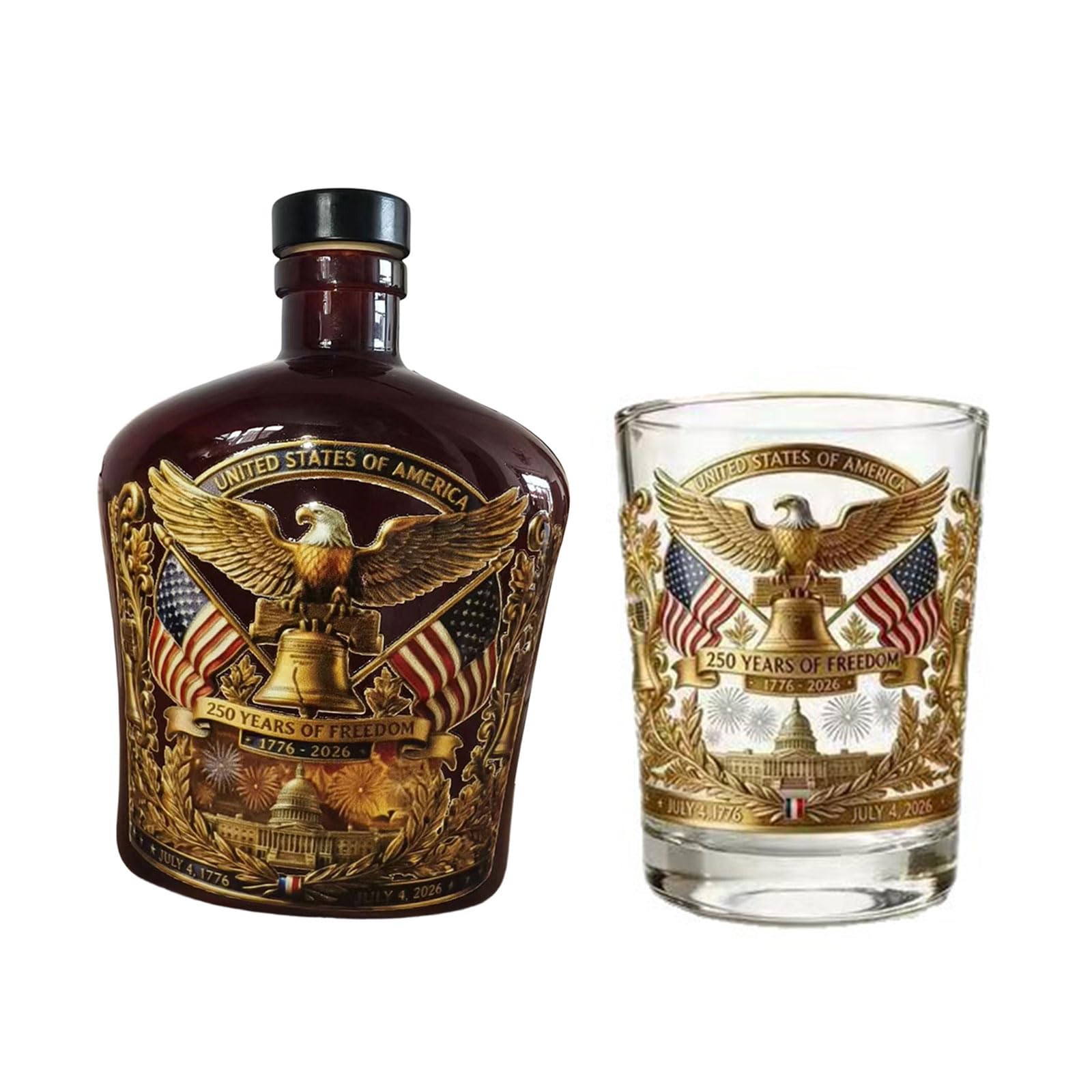 ZEPFJHE Whiskeys Decanter and Glass Cup Set Commemorative America 250Th Anniversary Engravings Liquor Bottle Gift America Liquor Bottle Set