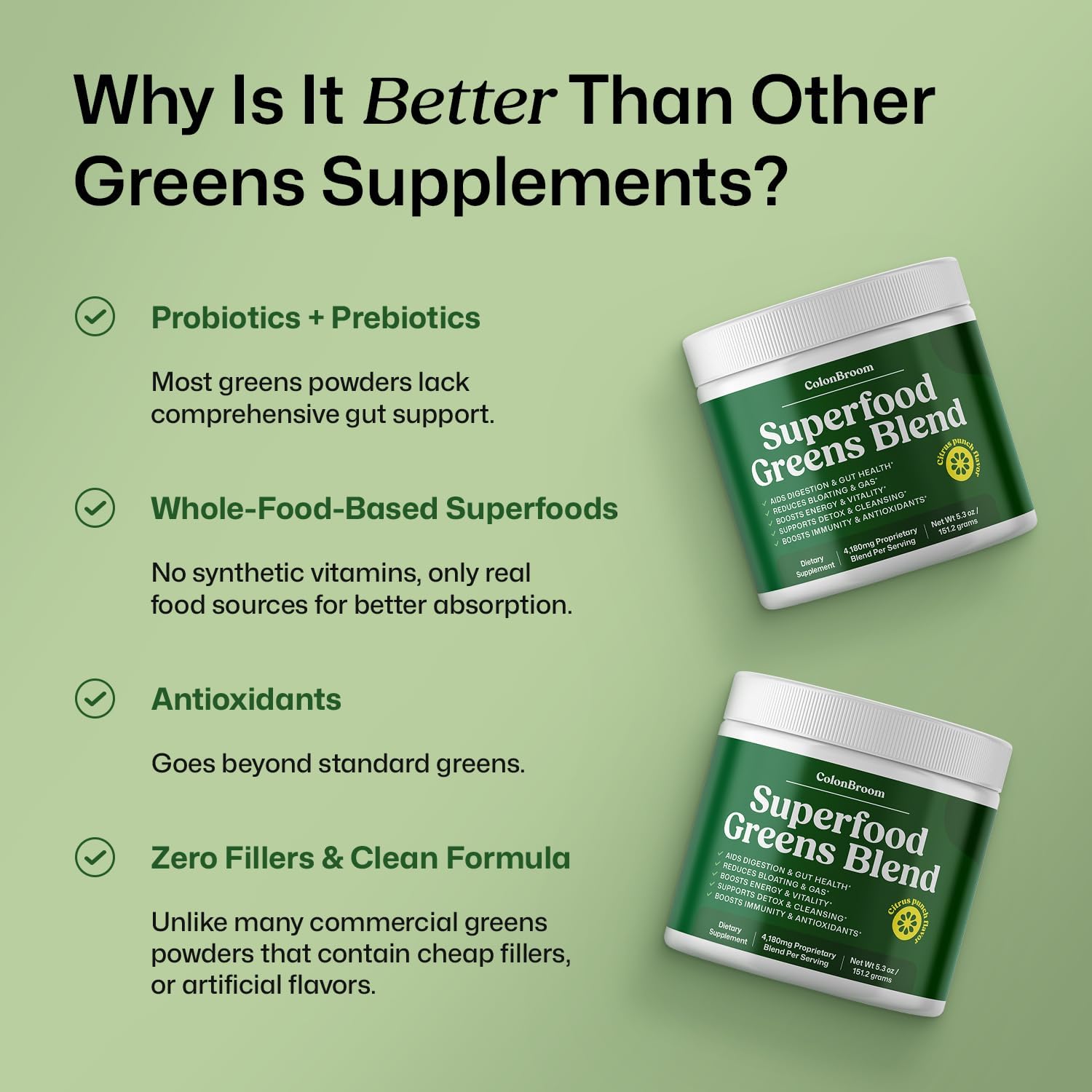 ColonBroom Superfood Greens Powder Supplement | Super Greens Juice Powder with Probiotics, Prebiotics, Spirulina & Chlorella | Natural for Energy, Immunity, Digestion & Detox Support | 28 Servings - Image 8