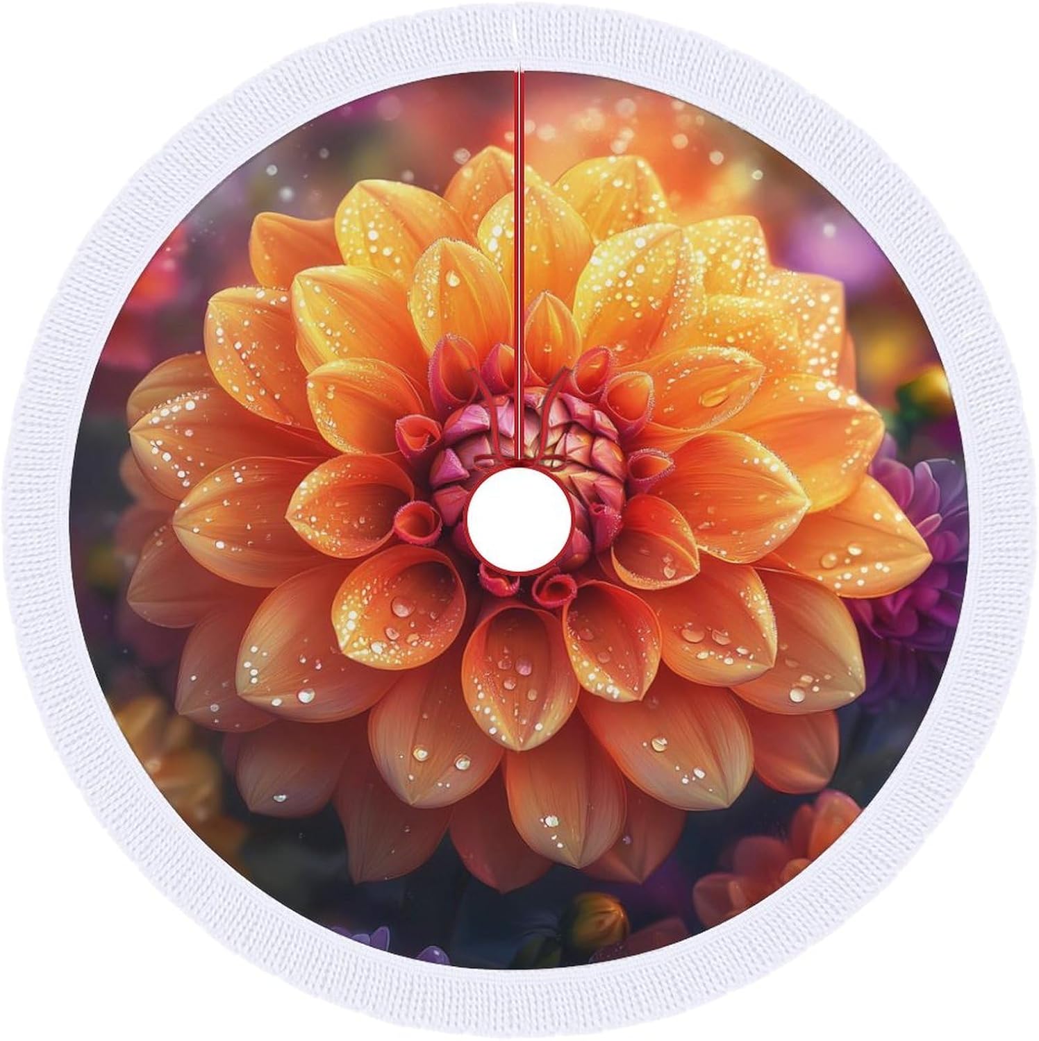 Orange Dahlia Floral Plants Christmas Tree Skirt Round Xmas Tree Mat Ornaments Tree Skirts with Tassels for Holiday Party