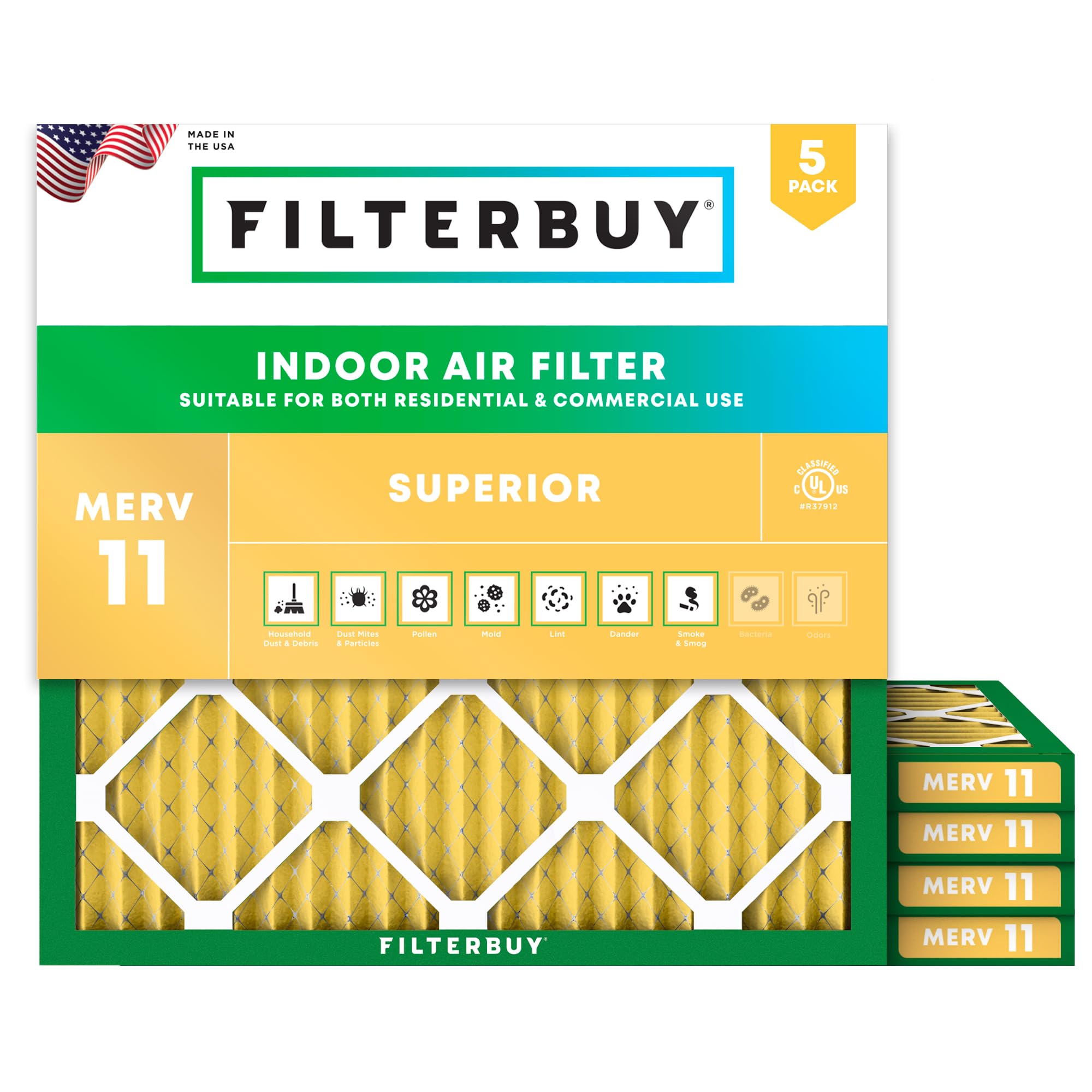 Filterbuy 20x20x1 Air Filter MERV 11 Allergen Defense (5-Pack), Pleated HVAC AC Furnace Air Filters Replacement (Actual Size: 19.50 x 19.50 x 0.75 Inches)