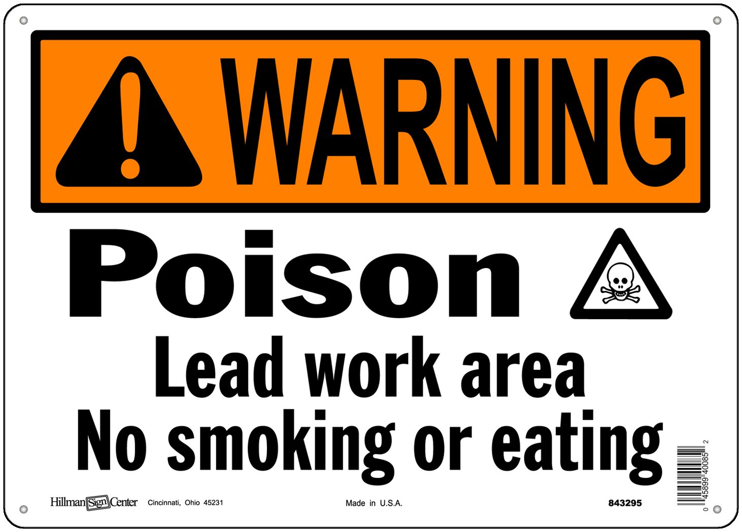 Hillman 843295 alerta veneno plomo área de trabajo no fumar o comer Cartel, color negro, amarillo y blanco Metal de aluminio, 10 x 14 Inches 1-sign