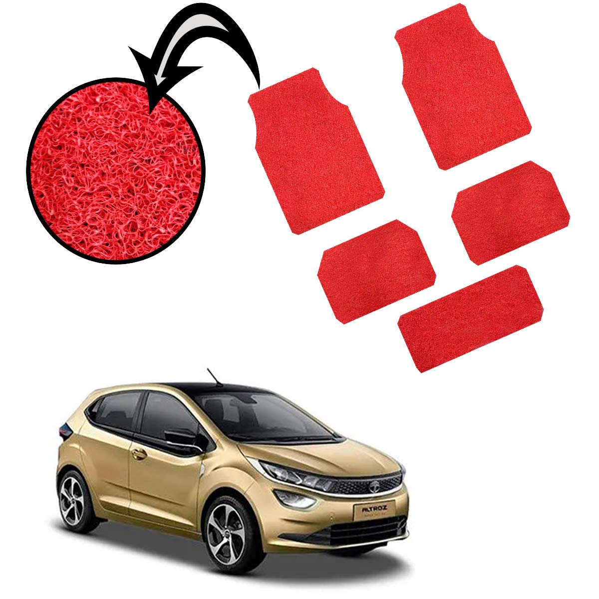 AdroitZ Anti Skid Curly Car Floor Mats/Grass Mat for Tata Altroz_(Red