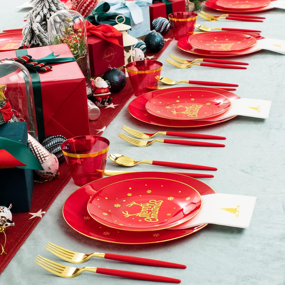 Nervure 175PCS Christmas Plastic Plates - Red and Gold Disposable Plates & Gold Plastic Silverware with Red Handle include 50 Plates 25Knives 25Forks 25Spoons 25Napkins for Christmas Party