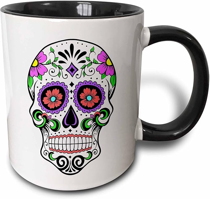 3dRose Sugar Skull Pink Two Tone Mug, 11 oz, Black